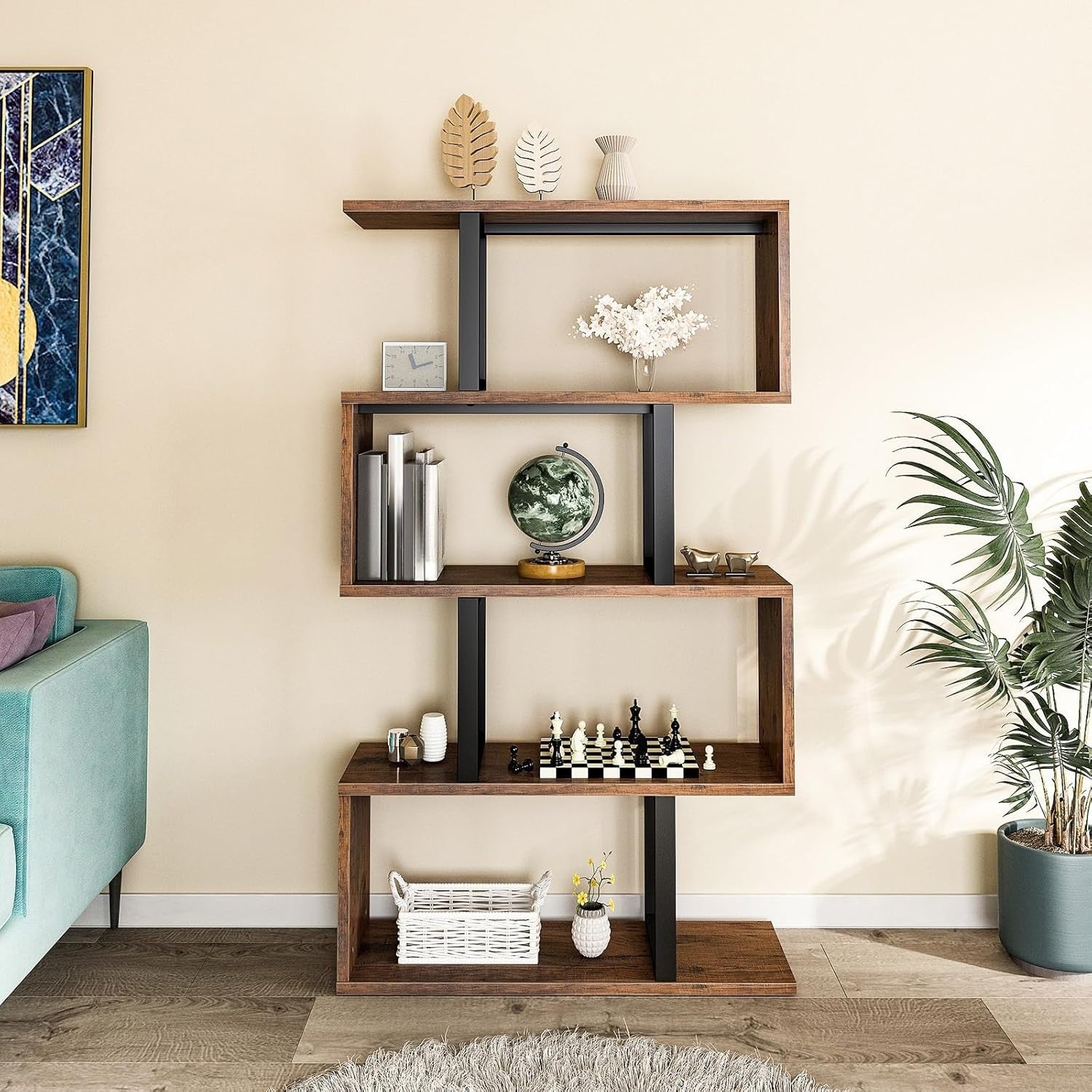 5 Tier S Shaped Bookcase Brown Metal Frame Modern Freestanding Display Shelf
