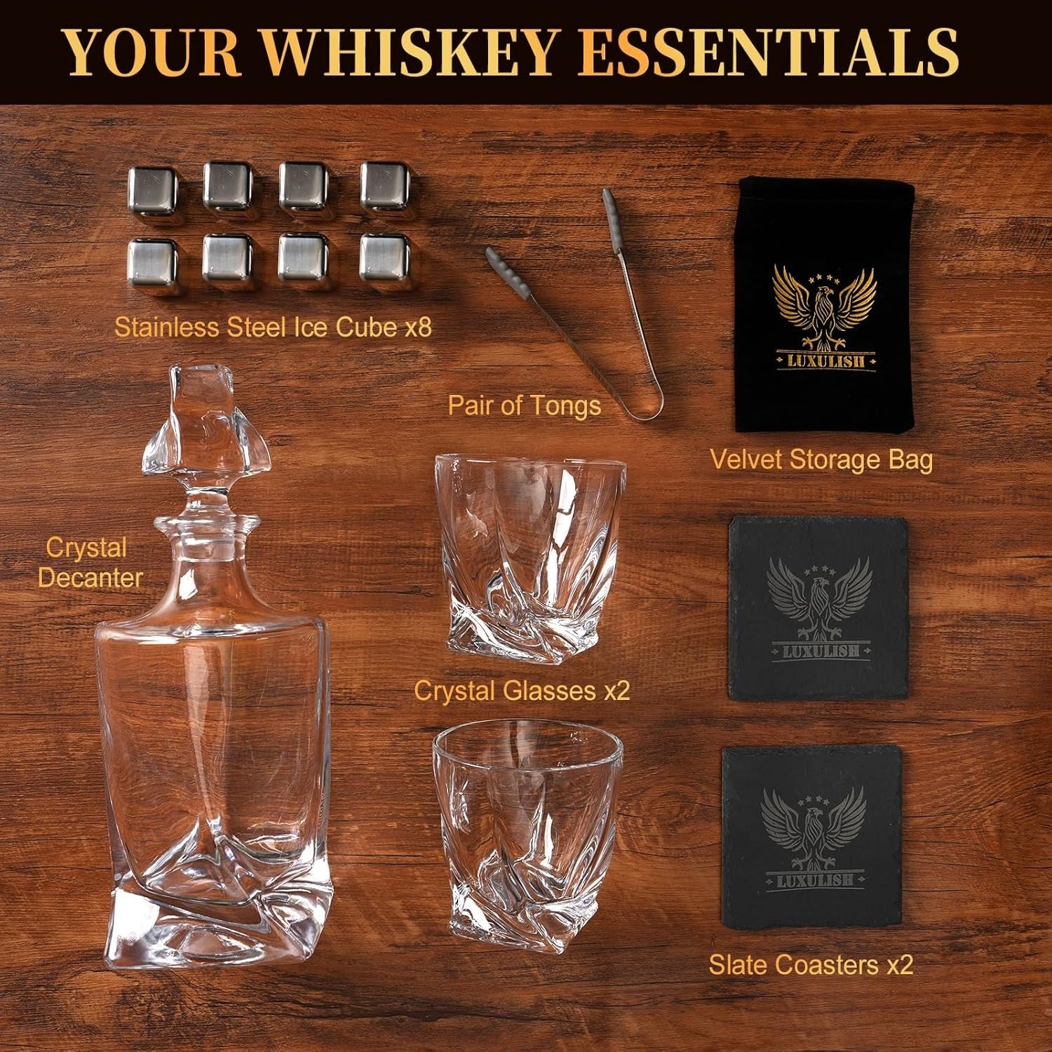 Luxury Whiskey Decanter Gift Set Crystal Glasses Wooden Box Steel Ice Cubes Men