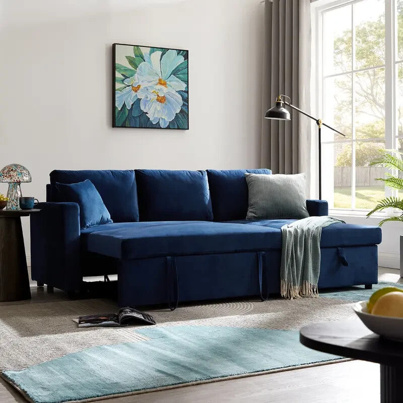 3 Seater Sofa Bed Blue Velvet | Pull Out Chaise with Storage | Reversible