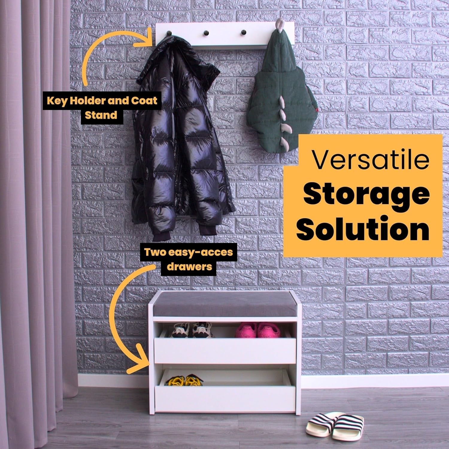 White Shoe Bench with Cushion & Wall Coat Rack Set Hallway Storage 60x35x45cm