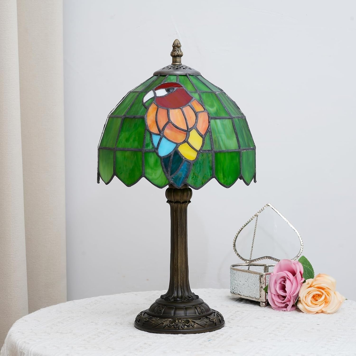 Tiffany Style Parrot Table Lamp Green Glass Bedside Desk Light Retro