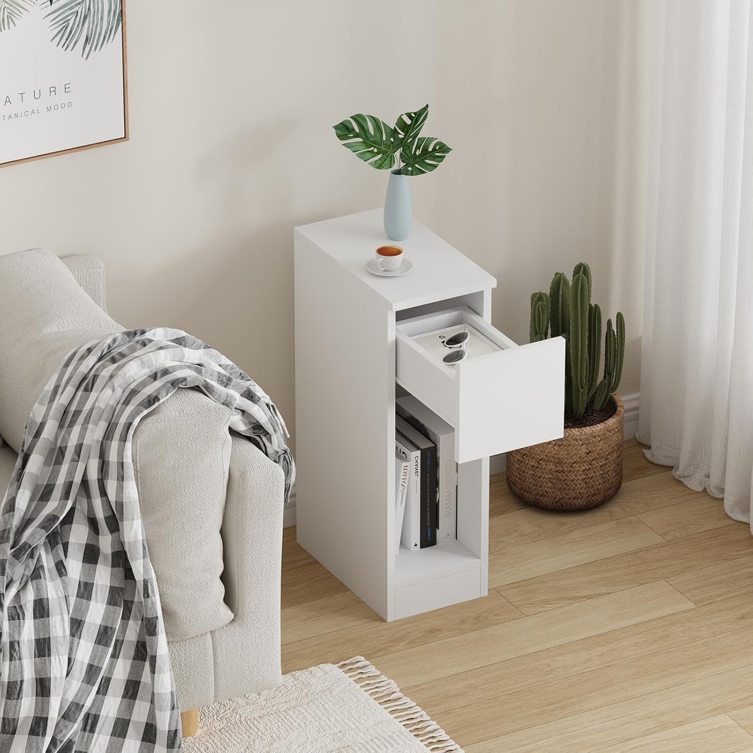 Set of 2 Slim White Bedside Tables with Drawer & Shelf, Narrow Nightstands