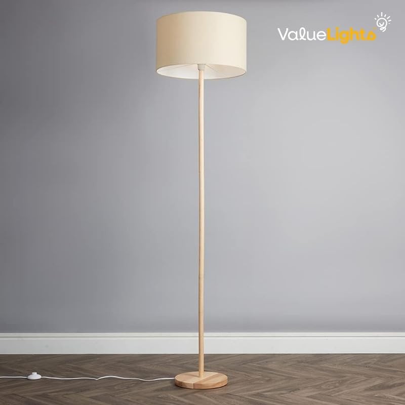 Scandi Wooden Floor Lamp Light Wood Stand with Beige Drum Shade LED