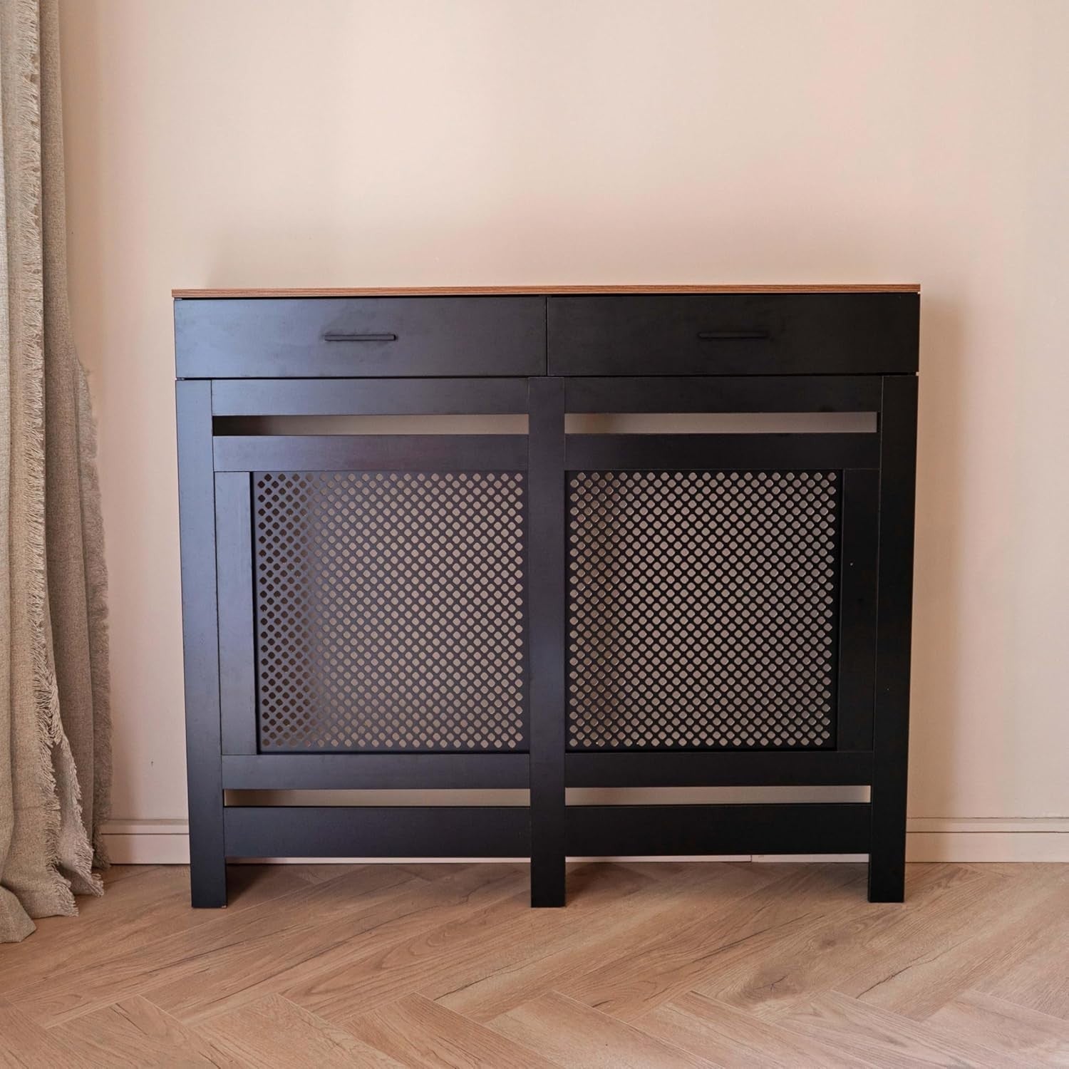 Black Radiator Cover with Drawer Diamond Slat W112xH96cm