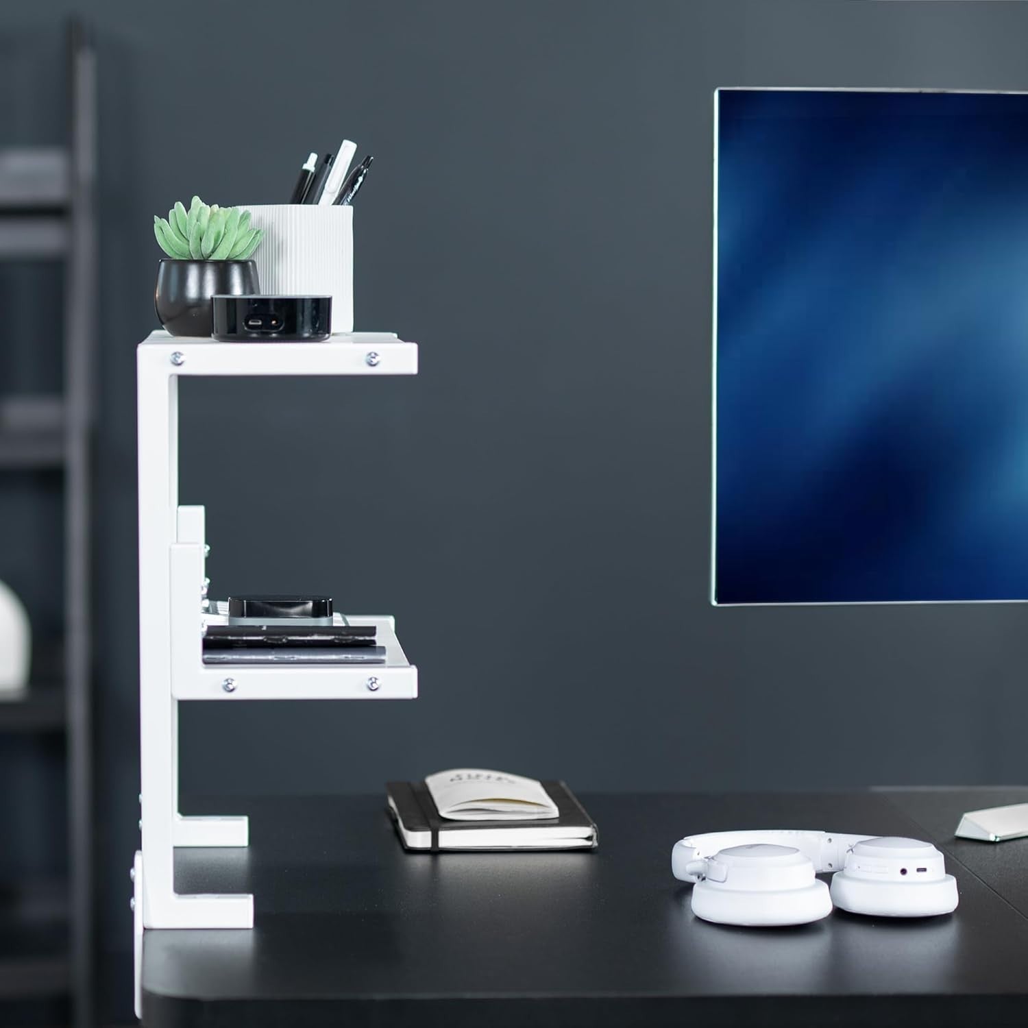Clamp-On Desk Shelf 2-Tier White 13" Above/Below Mount Storage Organizer