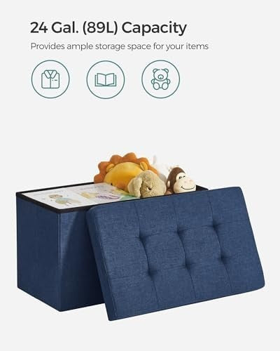 Dark Blue Folding Ottoman Bench 76cm Linen Storage Seat Footstool 89L Box