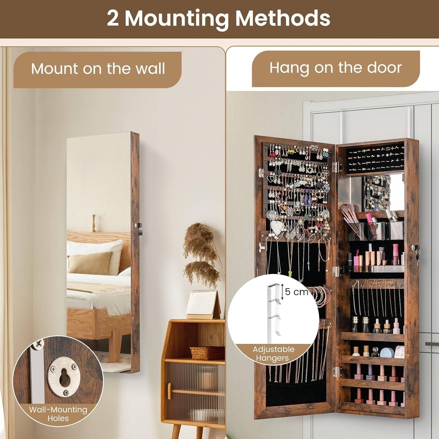 Rustic Brown Mirrored Jewelry Cabinet Wall Mount Lockable Slim Storage