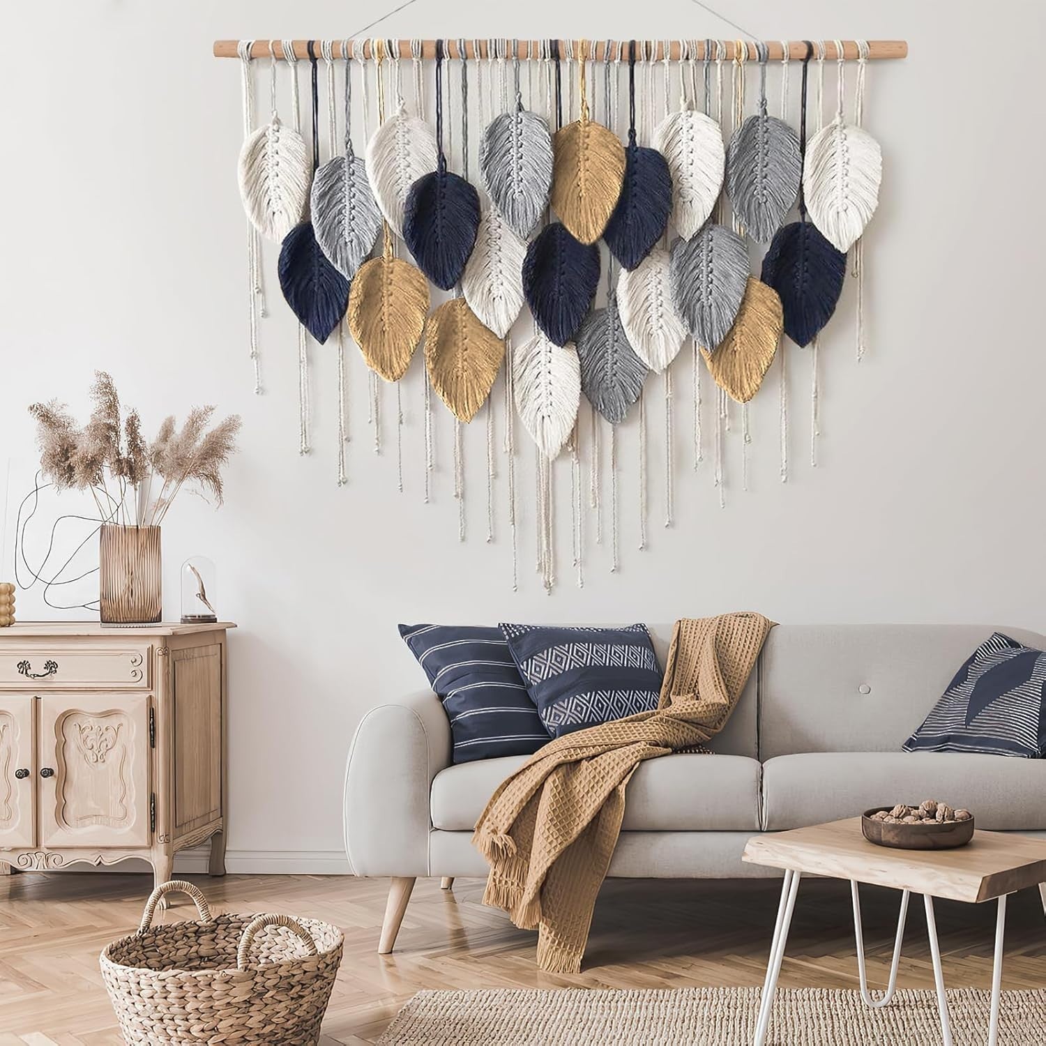 Large Boho Macrame Wall Hanging Leaf Woven Handmade Decor Beige