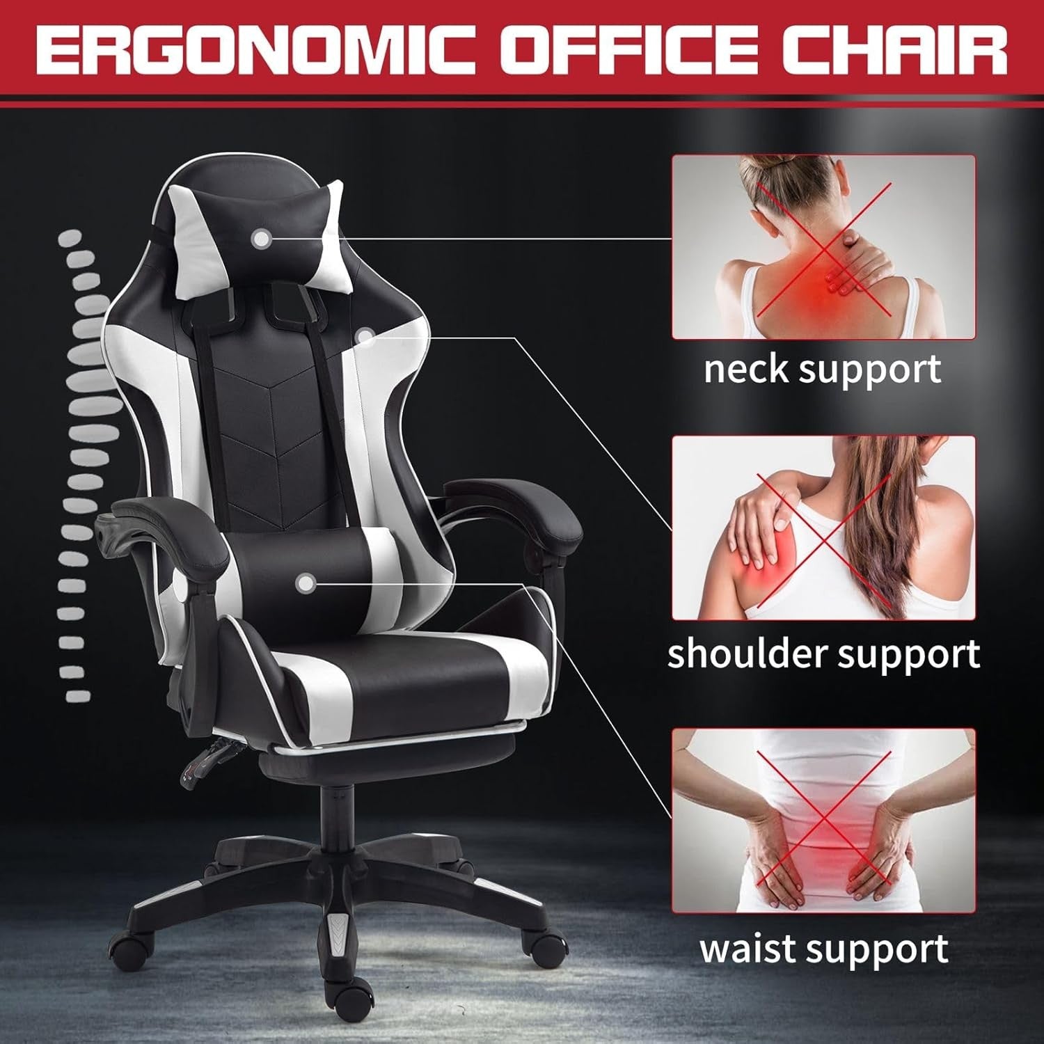 Ergonomic Gaming Chair Reclining Footrest Swivel PU Leather