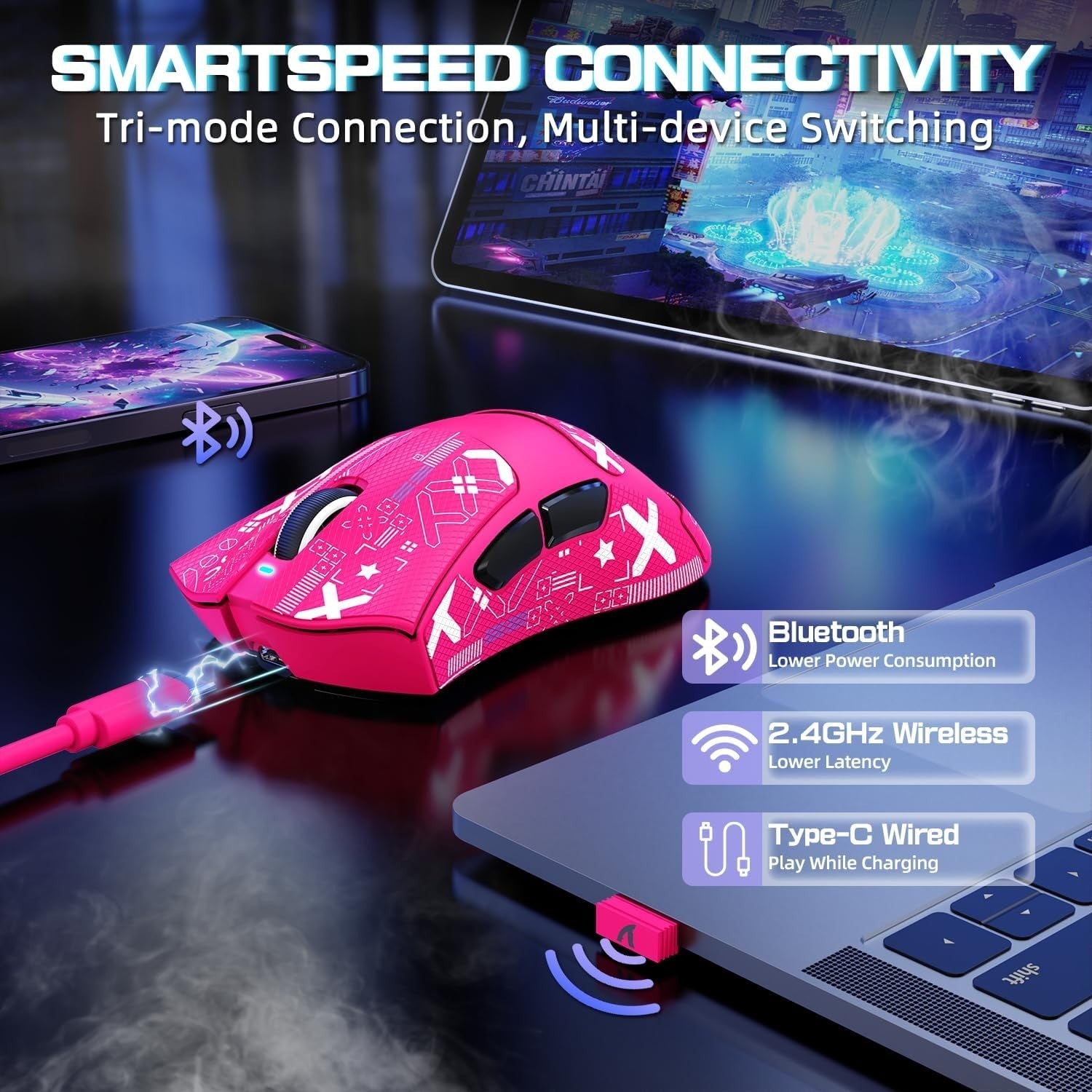 Wireless Gaming Mouse 25000 DPI 65g RGB Dock 2.4G Bluetooth Pink