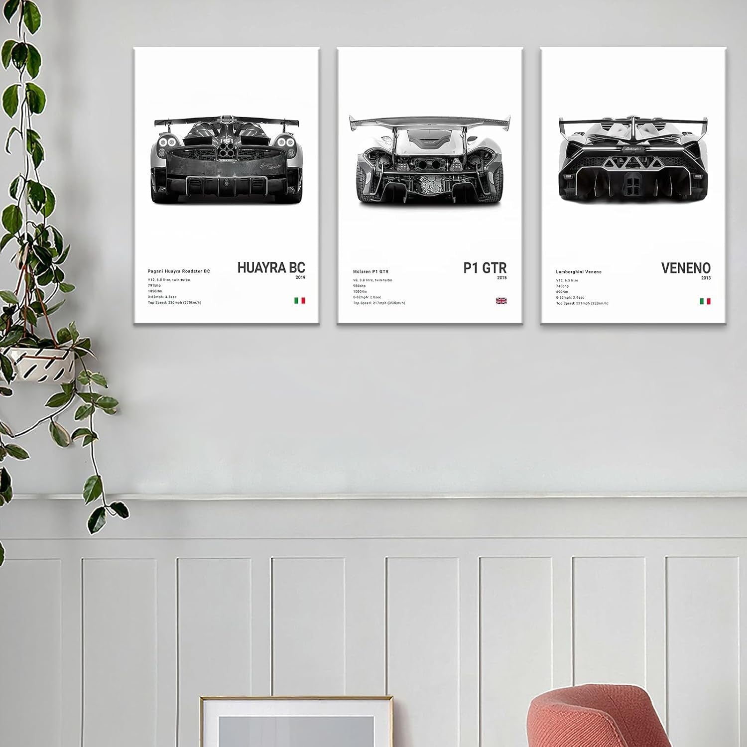 Black White Supercar Canvas Wall Art 3Pcs 16x24in Framed