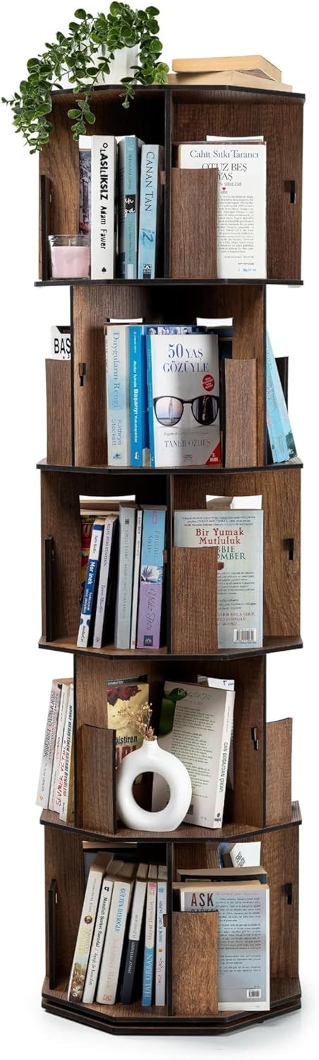 5 Tier Rotating Kids Bookshelf Corner Shelf Walnut Wooden Storage Organizer