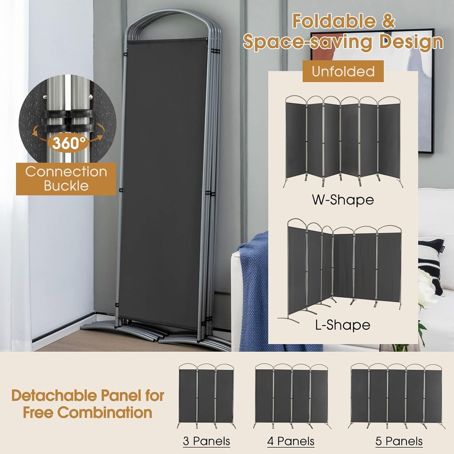 6 Panel Grey Folding Room Divider Freestanding Privacy Screen Partition 331x188c