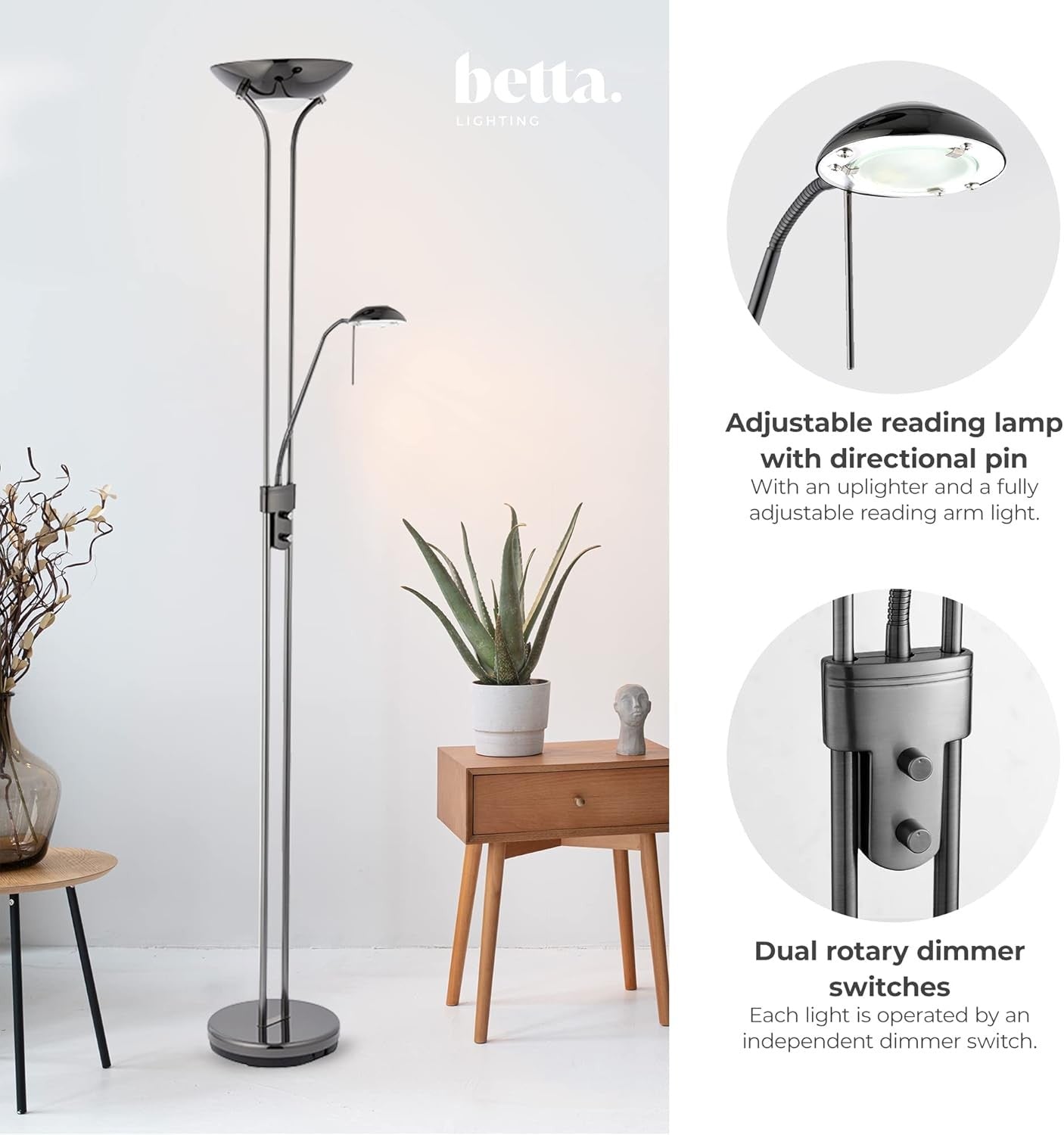 Mother Child Floor Lamp Uplighter Reading Light Black Chrome Dimmable