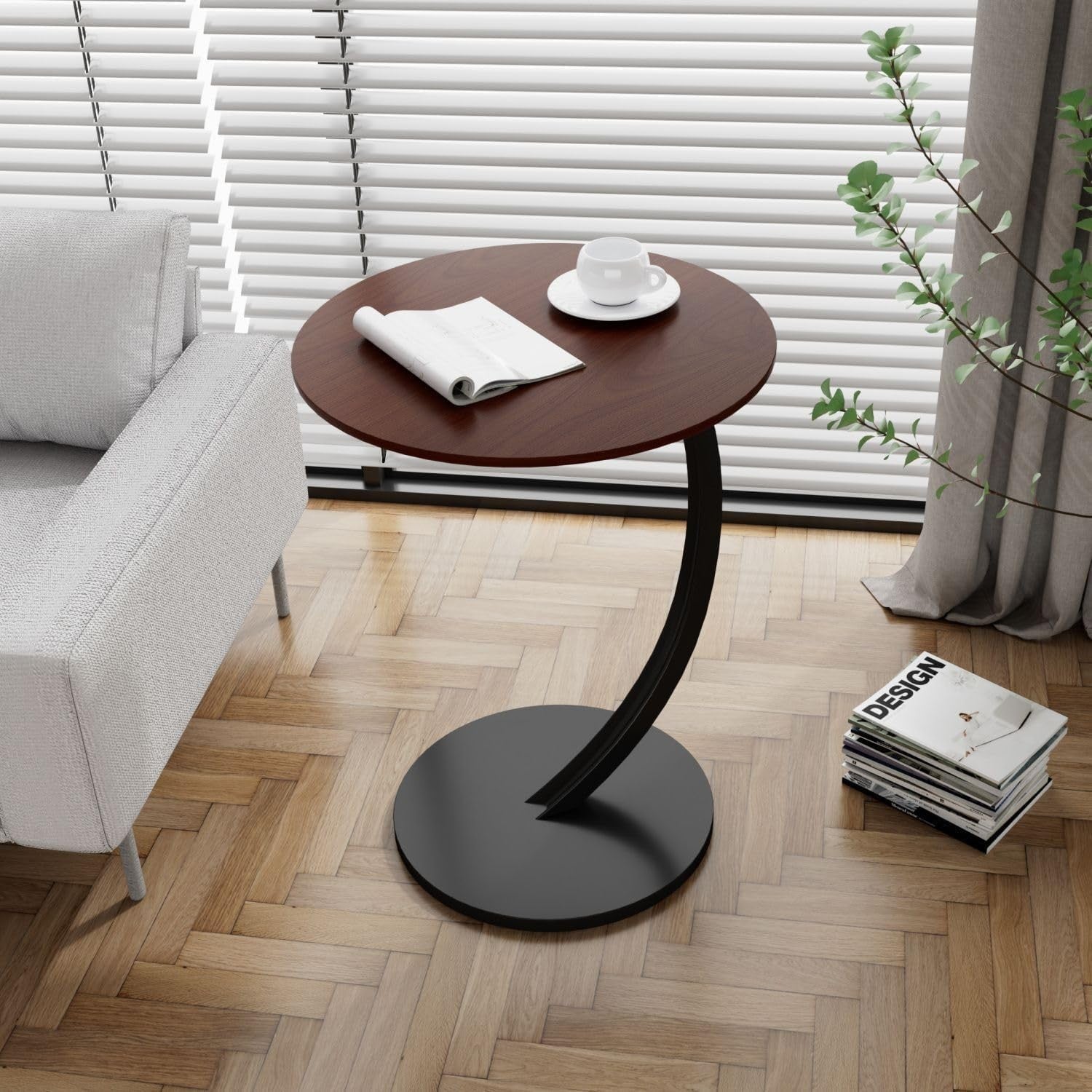 Slim Rustic Brown C-Shaped Side Table with Magazine Rack, Space-Saving