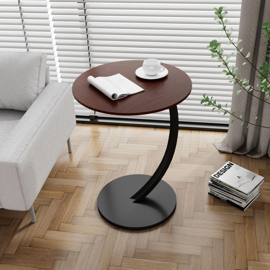 Slim Rustic Brown C-Shaped Side Table with Magazine Rack, Space-Saving