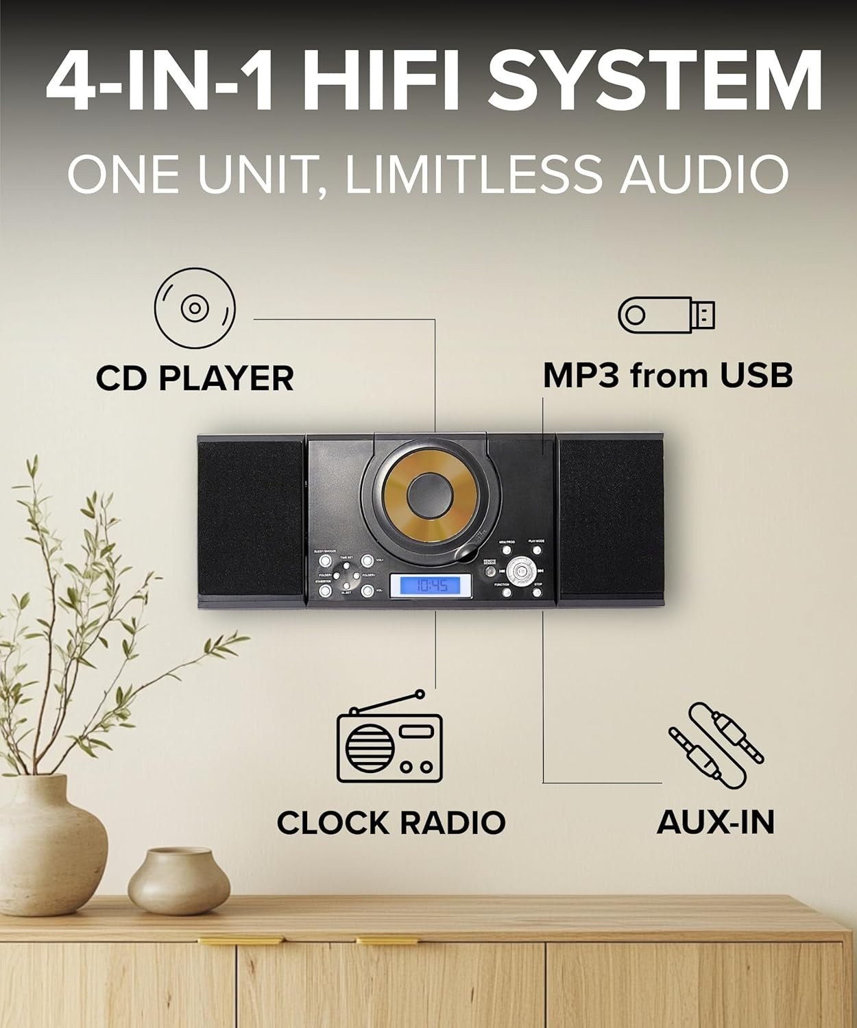 Compact Wall Mount CD Player Stereo System USB MP3 FM Radio Alarm Remote Control