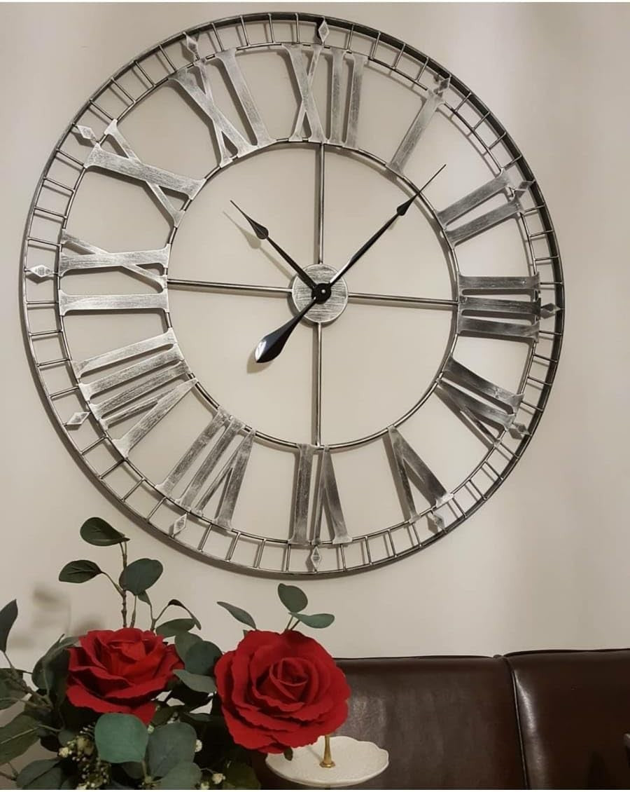 Extra Large 88cm Skeleton Wall Clock Rustic Silver Metal Roman Numerals Decor