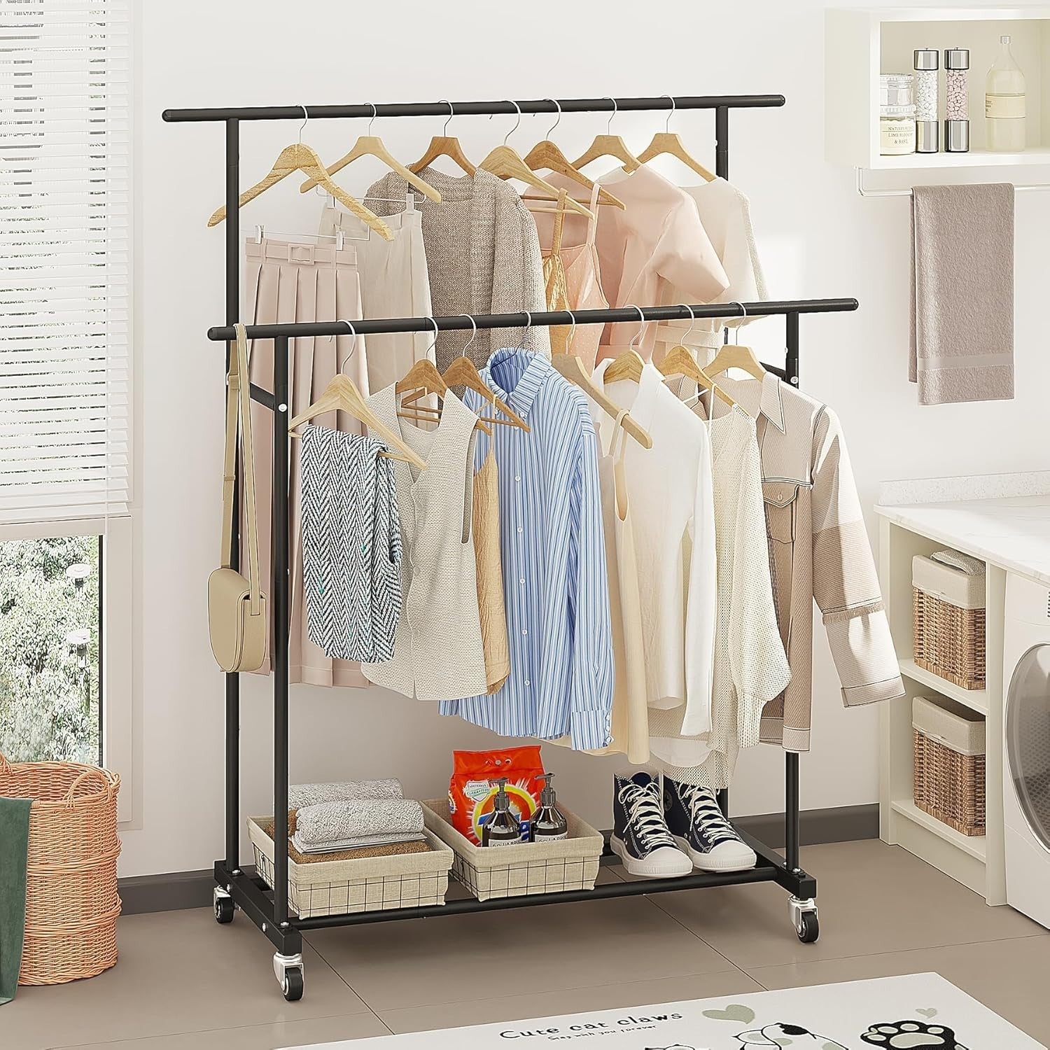 Black Double Rod Clothes Rack with Wheels & Storage Shelf