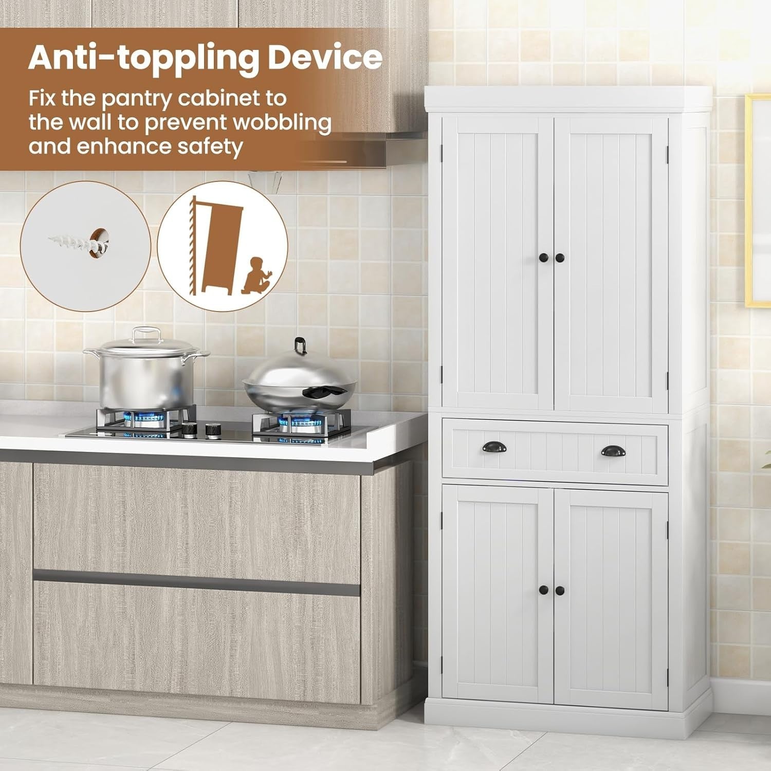 White Tall Kitchen Cupboard 183cm Pantry Storage Cabinet Drawer Shelves