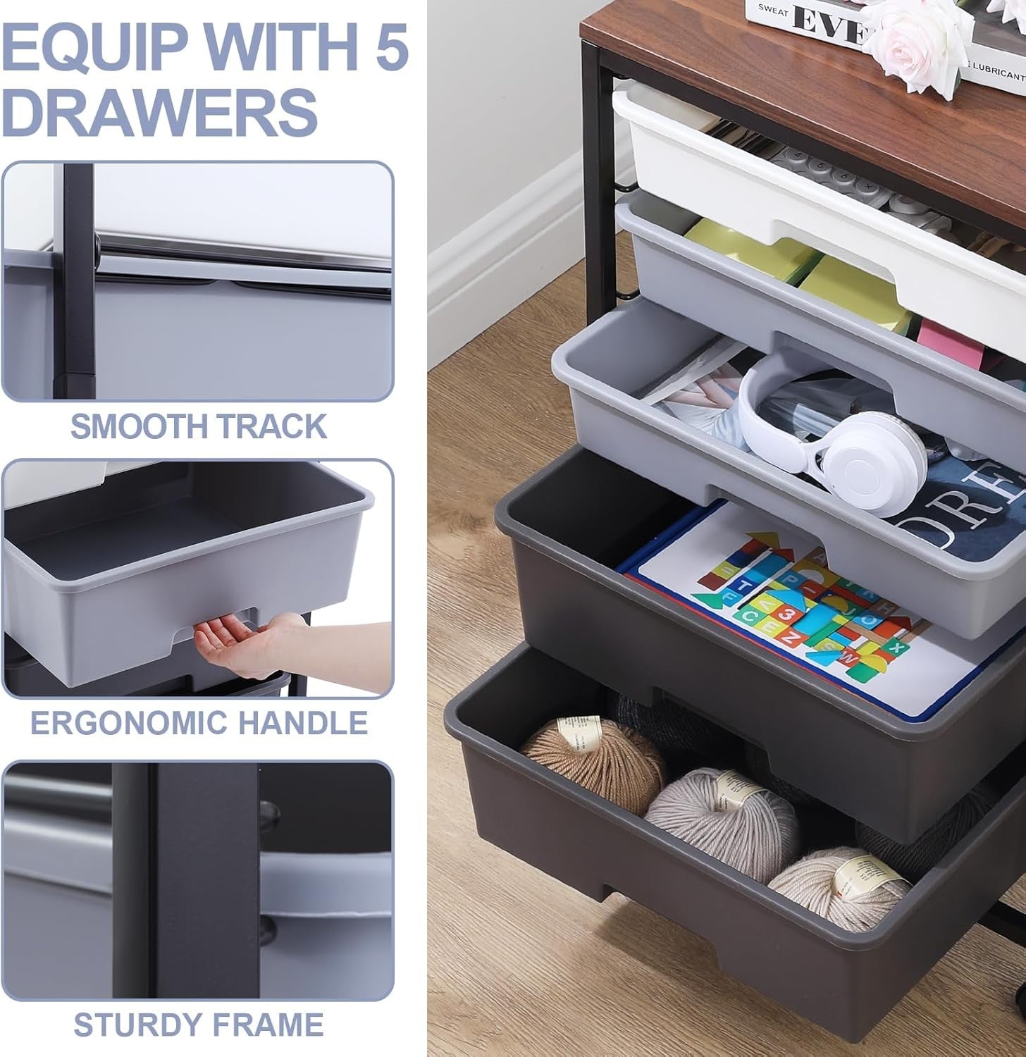 5 Drawer Rolling Storage Trolley Cart with Wheels Utility Organizer Grey