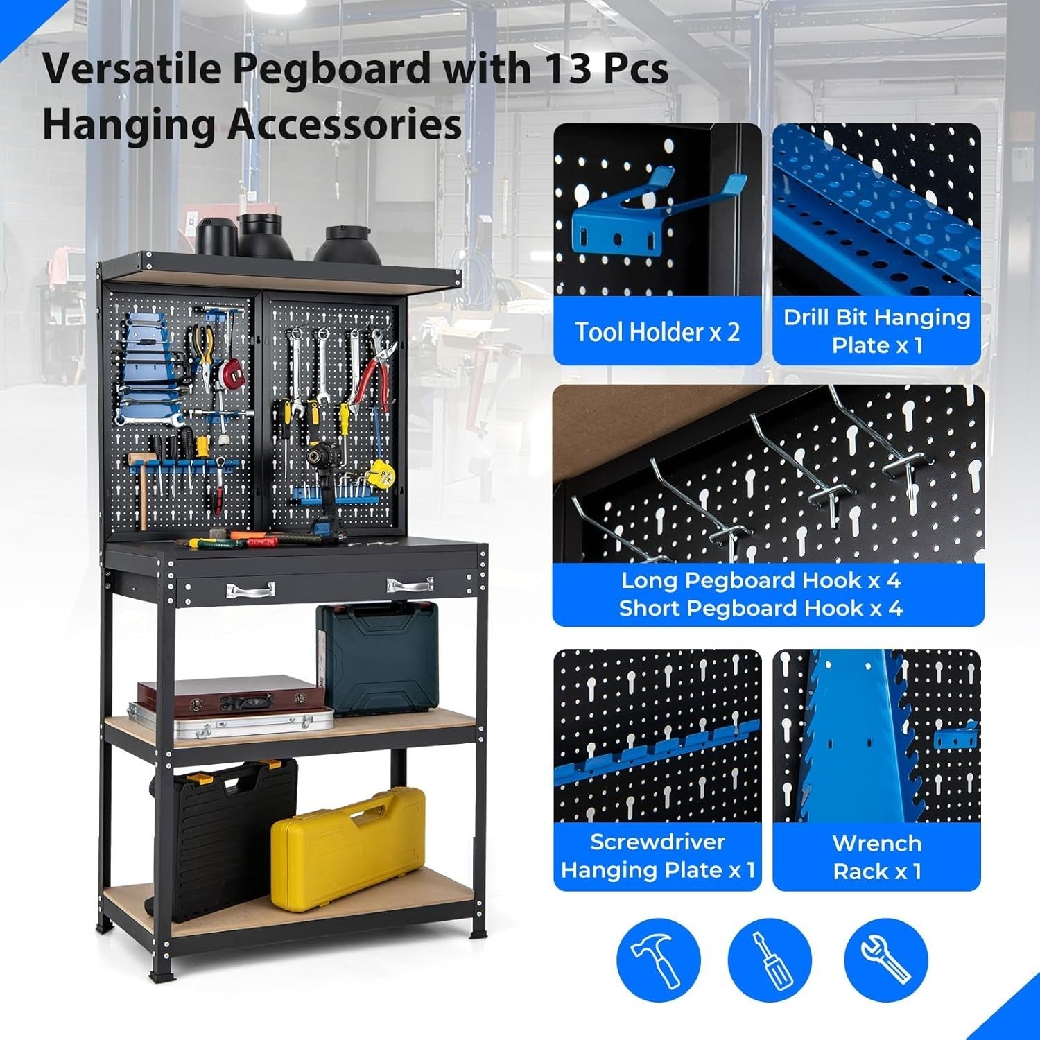 Heavy Duty Workbench 81x41x156cm Pegboard Shelves Drawer Metal Garage Table