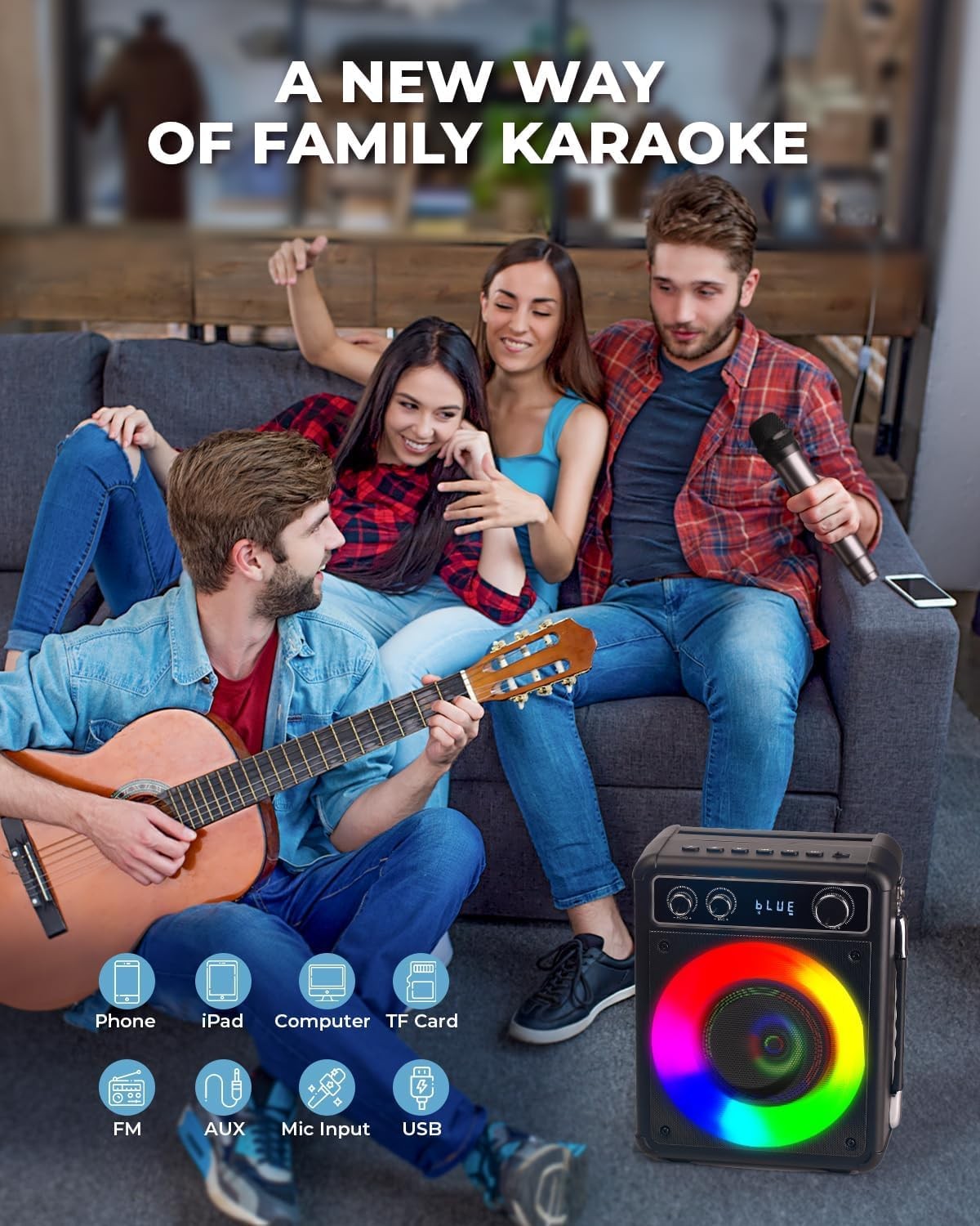 Karaoke Machine with 2 Wireless Mics Bluetooth Speaker LED