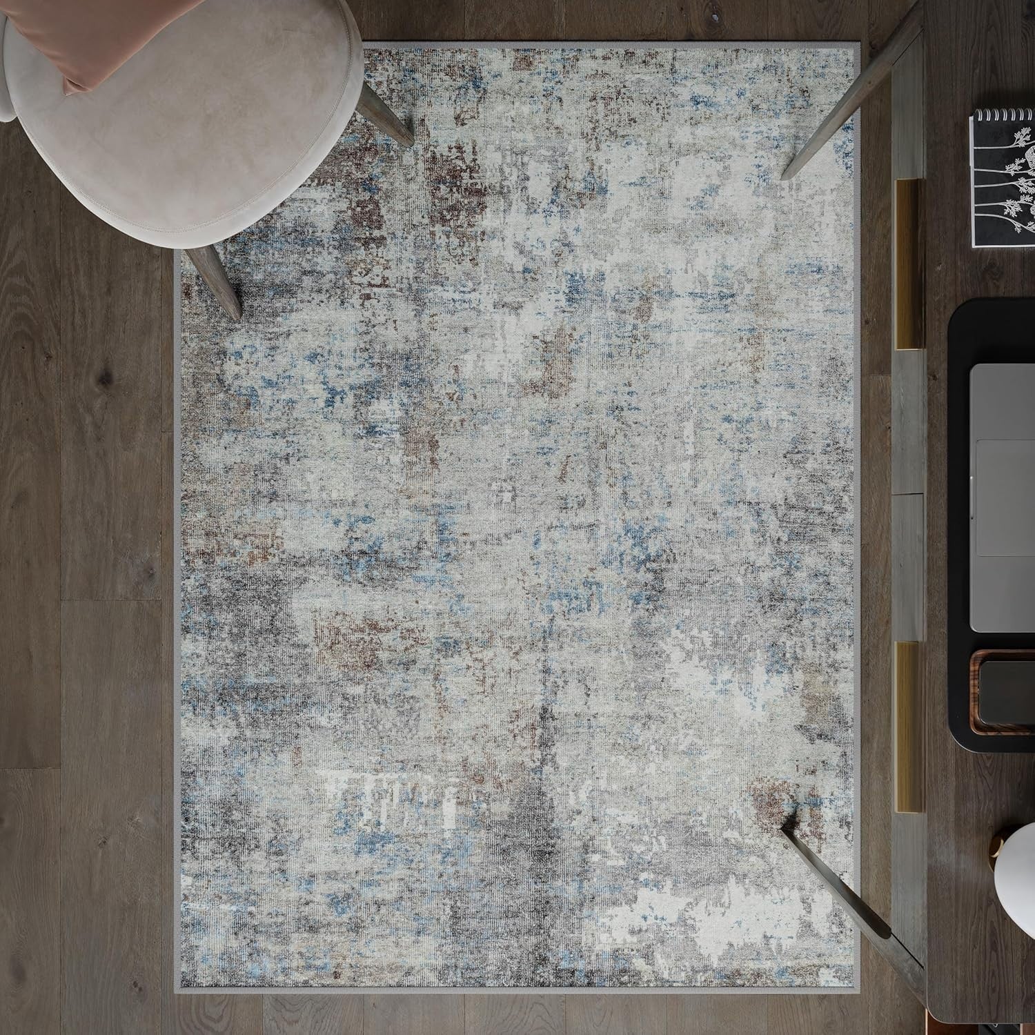 Washable Rug 122x170cm Non-Slip Short Pile Distressed Blue Brown Area Carpet