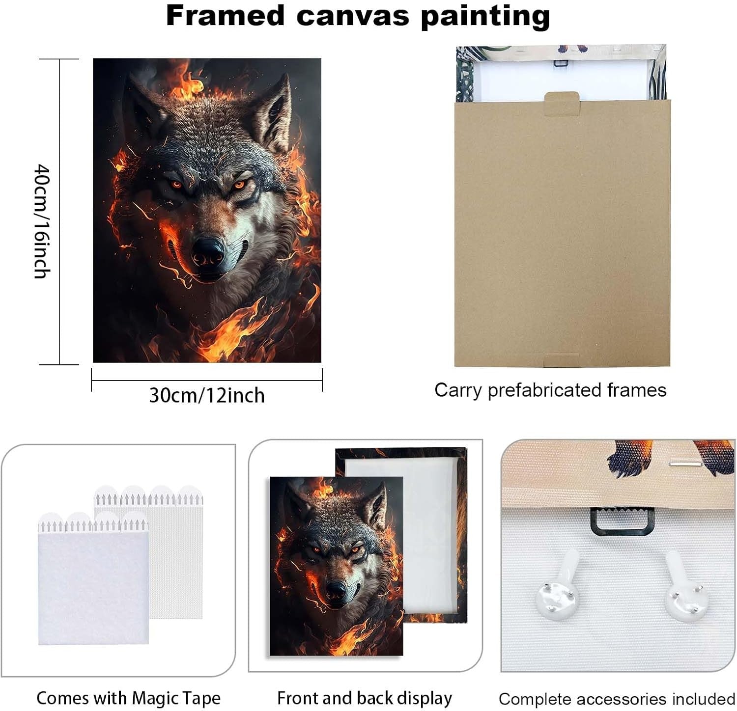 Set of 3 Animal Fire Canvas Wall Art 12x16 Framed Wolf Lion Panther Decor