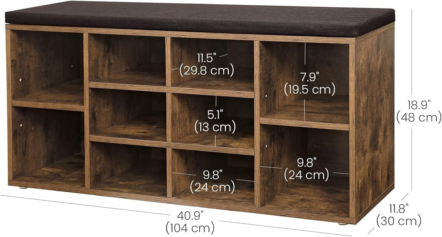 Rustic Shoe Bench with Cushion 10 Compartment Storage Rack 104x30x48cm