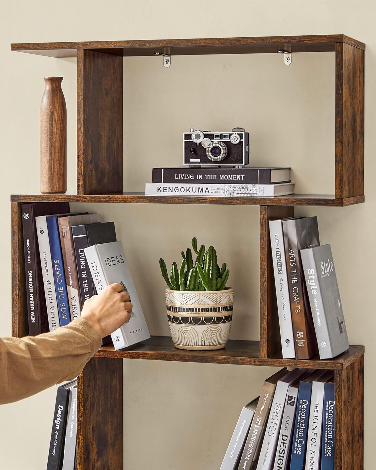 6 Tier Rustic Brown Bookcase S-Shaped Storage Shelf Room Divider 70x24x191cm