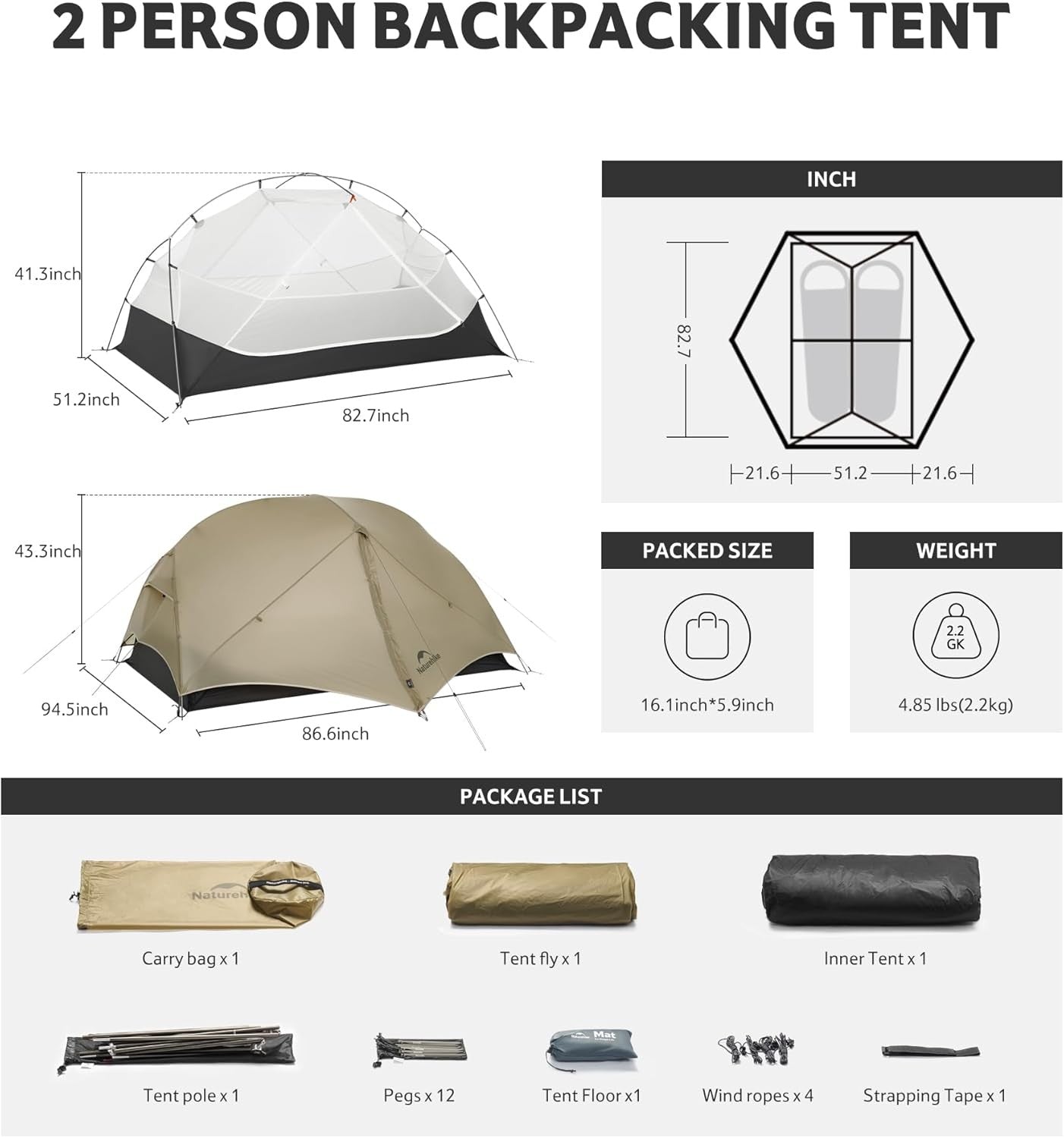 Ultralight 2 Man Camping Tent 3000mm Waterproof Hiking