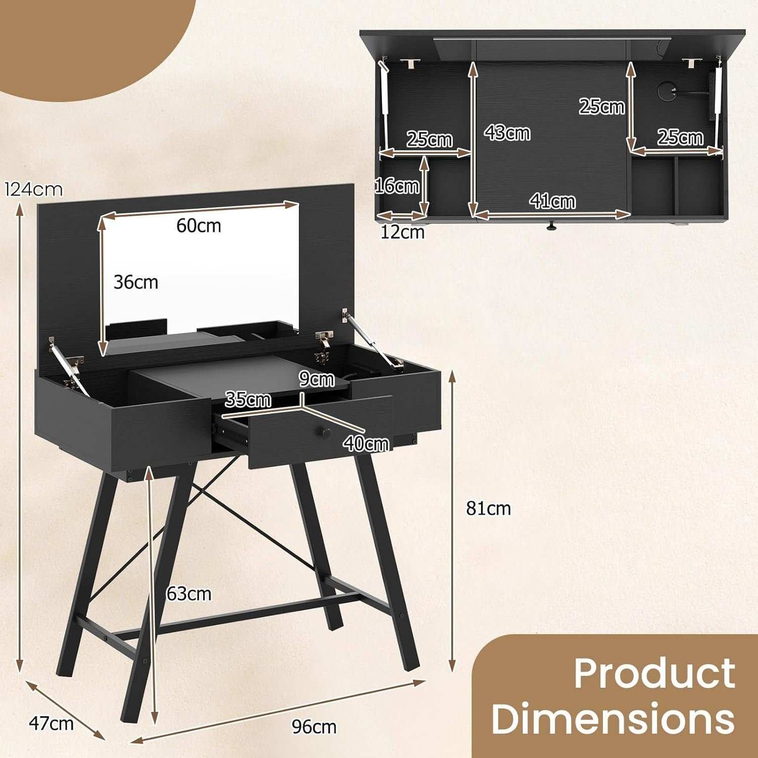 Dressing Table with Mirror Flip Top & Charging Station Vanity Desk Drawers