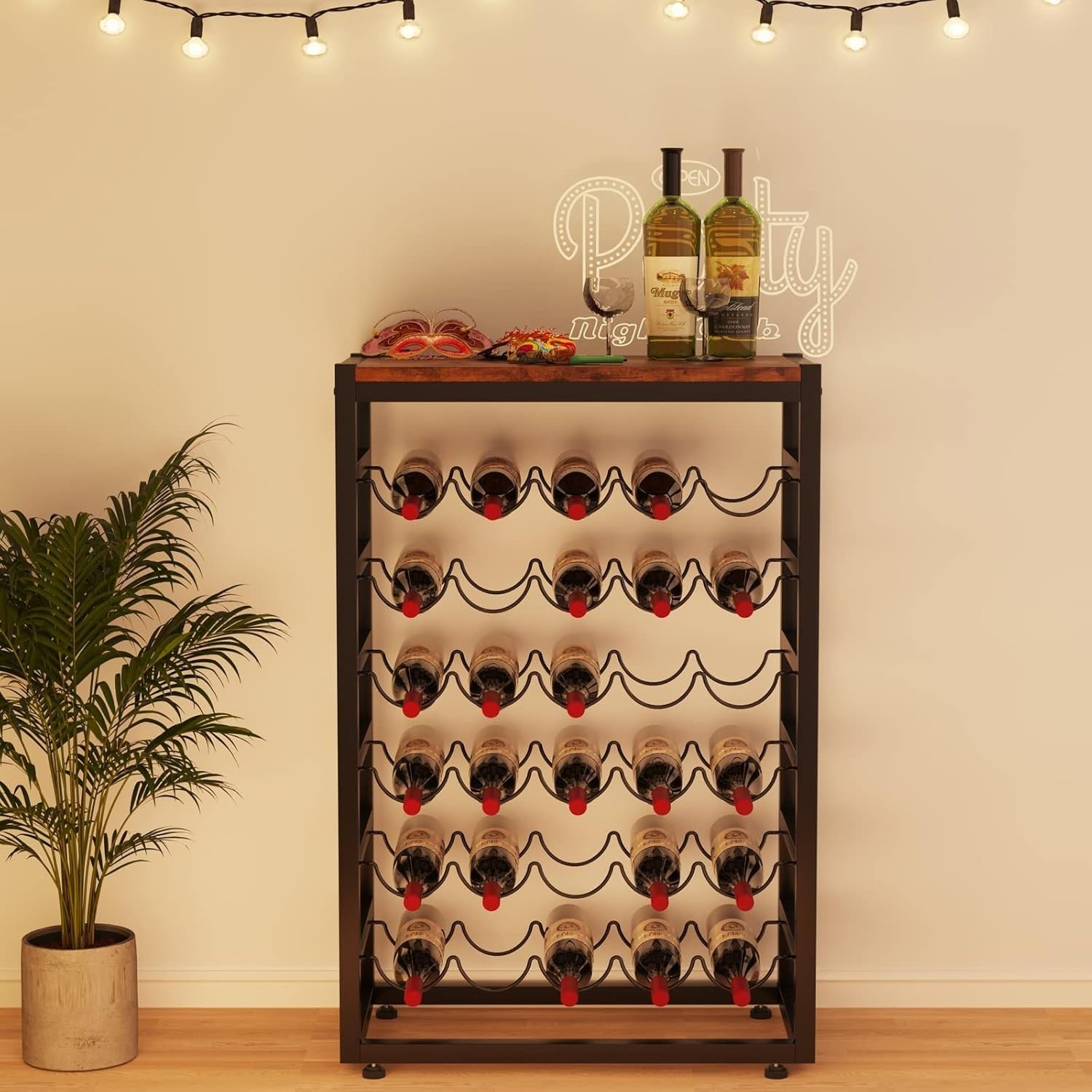 30 Bottle Wine Rack Floor Stand with Wooden Top, 6-Tier Metal Storage