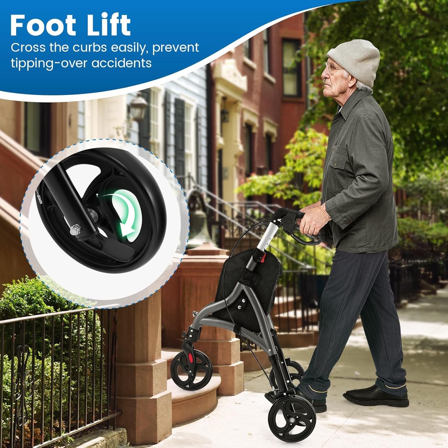 3 Wheel Folding Rollator Walker Lightweight Adjustable Mobility Aid