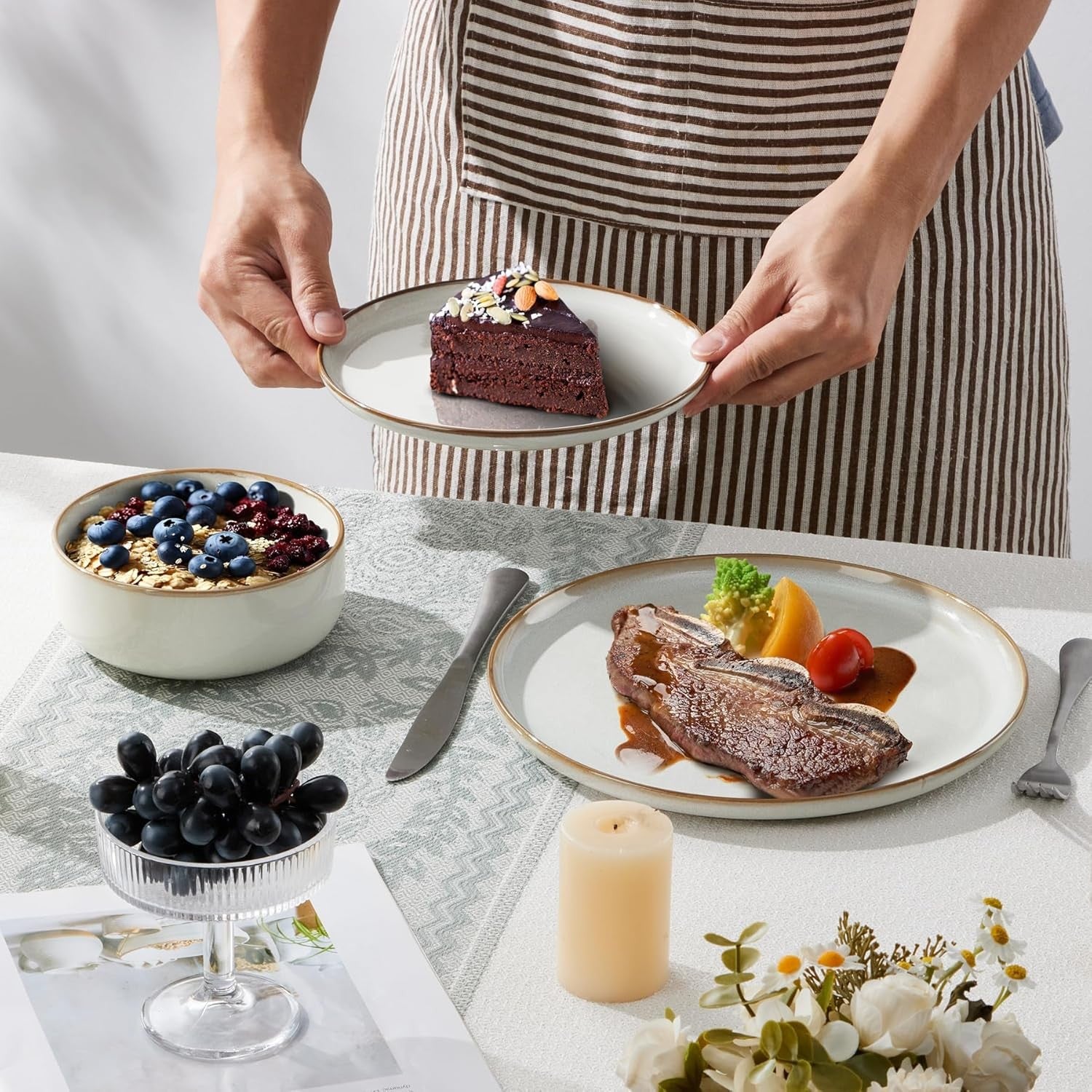 12 Piece Stoneware Dinner Set Plates Bowls Dishwasher Microwave