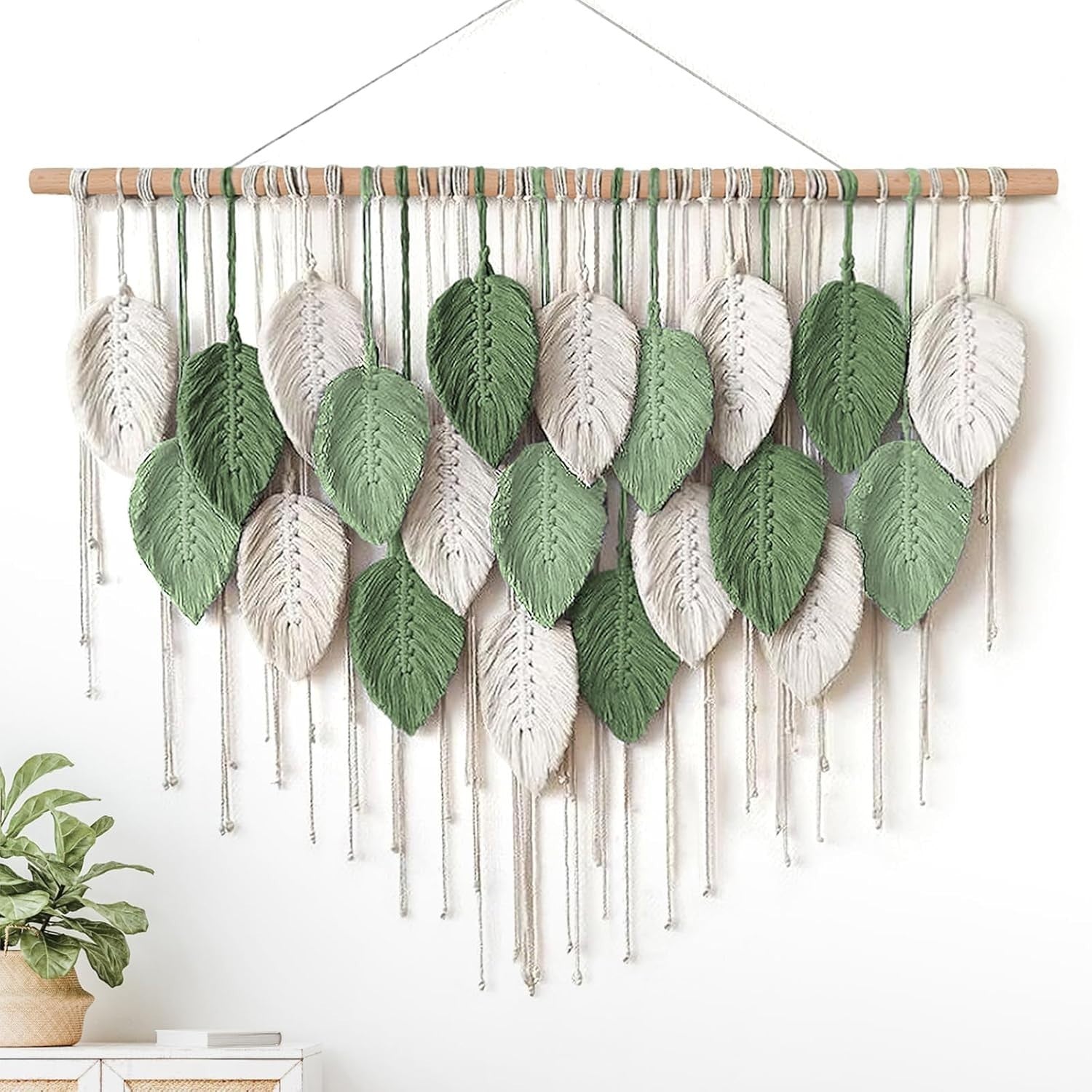 Large Boho Macrame Wall Hanging Leaf Woven Decor Beige