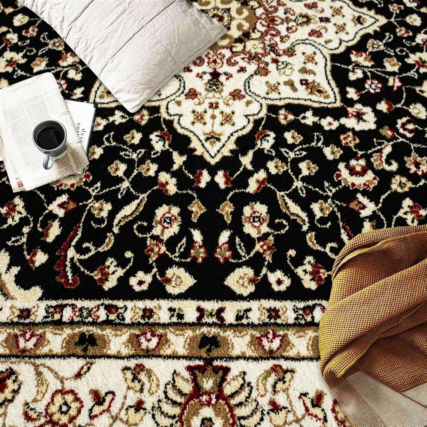 Black Traditional Rug 120x170cm Soft Floral Non Slip Living Room Carpet