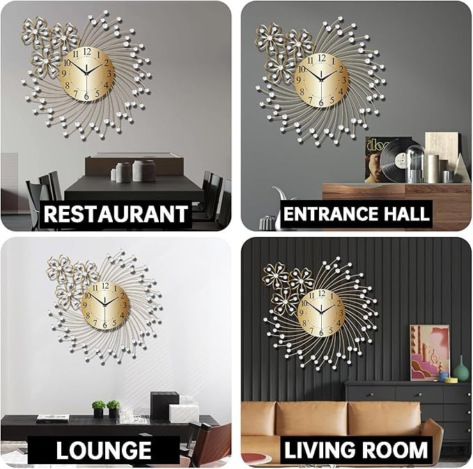 Large 50cm Gold Crystal Wall Clock Silent Modern Luxury Metal Round Home Decor