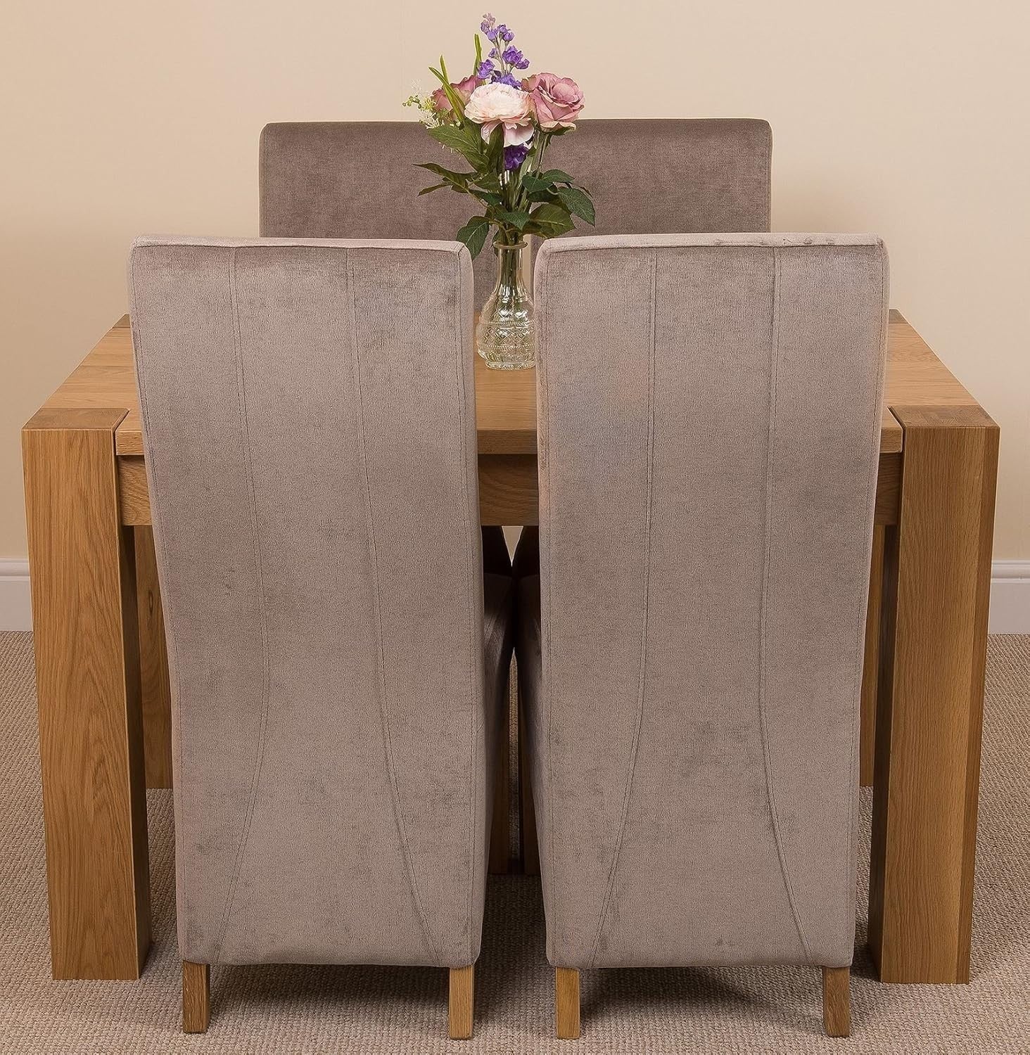 4 Seater Oak Dining Table Set Grey Fabric Chairs 125x80cm Compact Modern