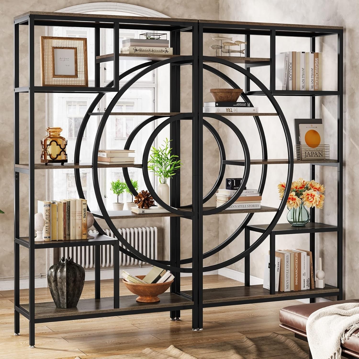 Geometric Industrial Bookshelf Set | 178cm Tall 8-Tier Open Display Shelves (2 P