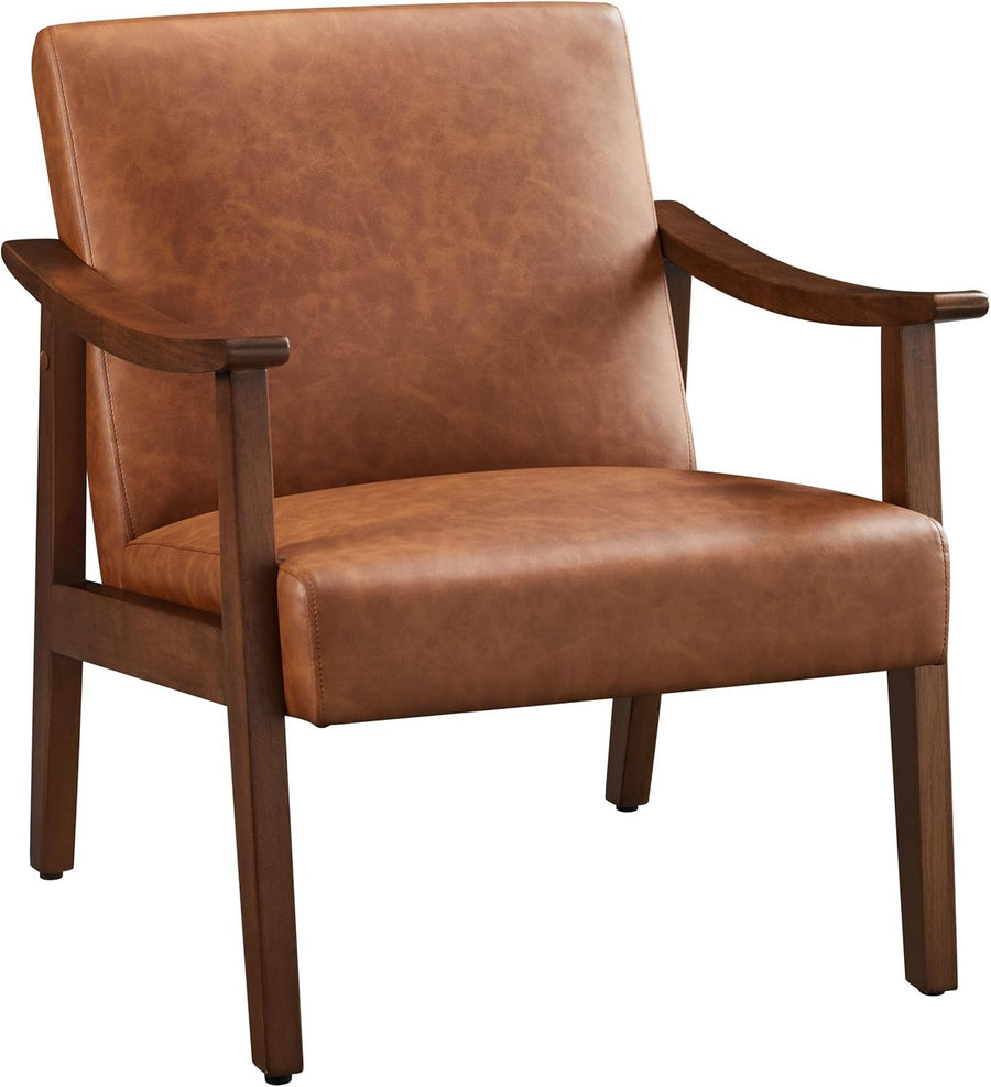 Leather Accent Armchair Lounge Chair Wooden Legs Modern Brown Seat