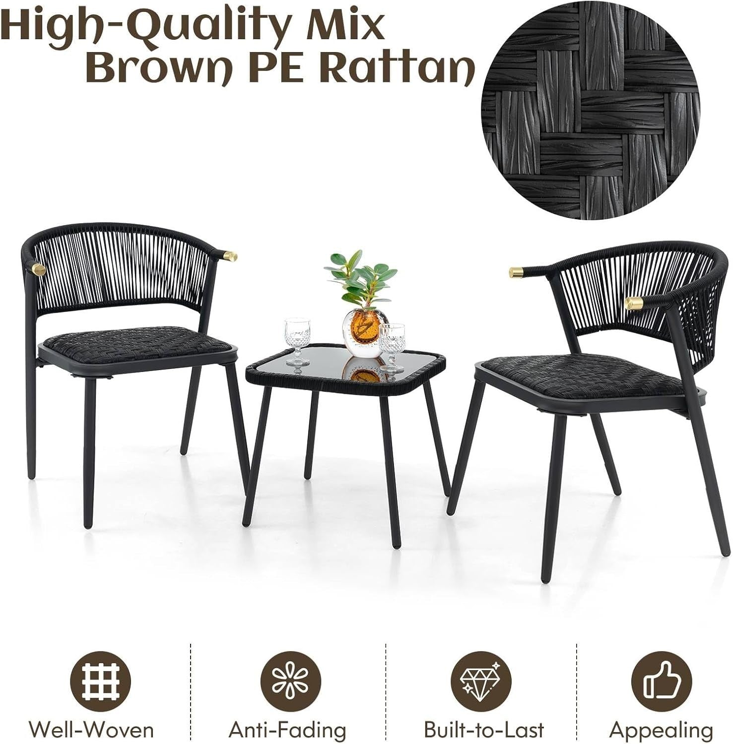 3pc Outdoor Rattan Bistro Set with Cushioned Chairs Glass Table Patio Balcony