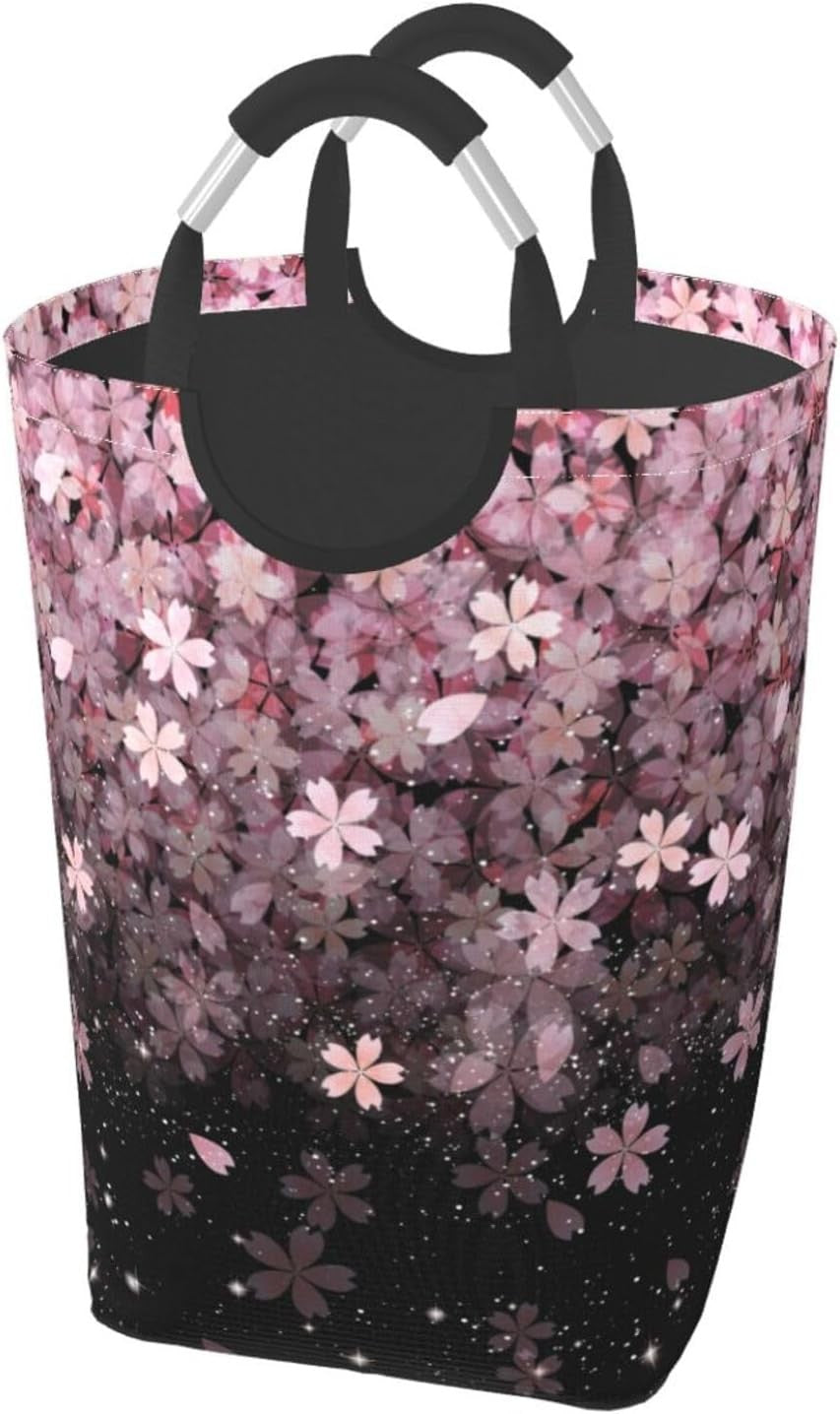50L Cherry Blossom Laundry Basket Foldable Floral Hamper with Handles Pink