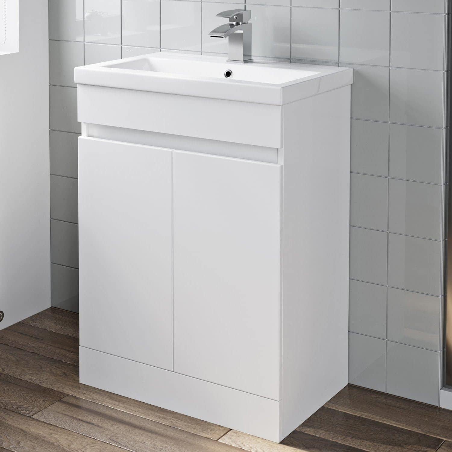 Modern White Gloss Vanity Unit 600mm Bathroom Sink Cabinet With Basin Storage
