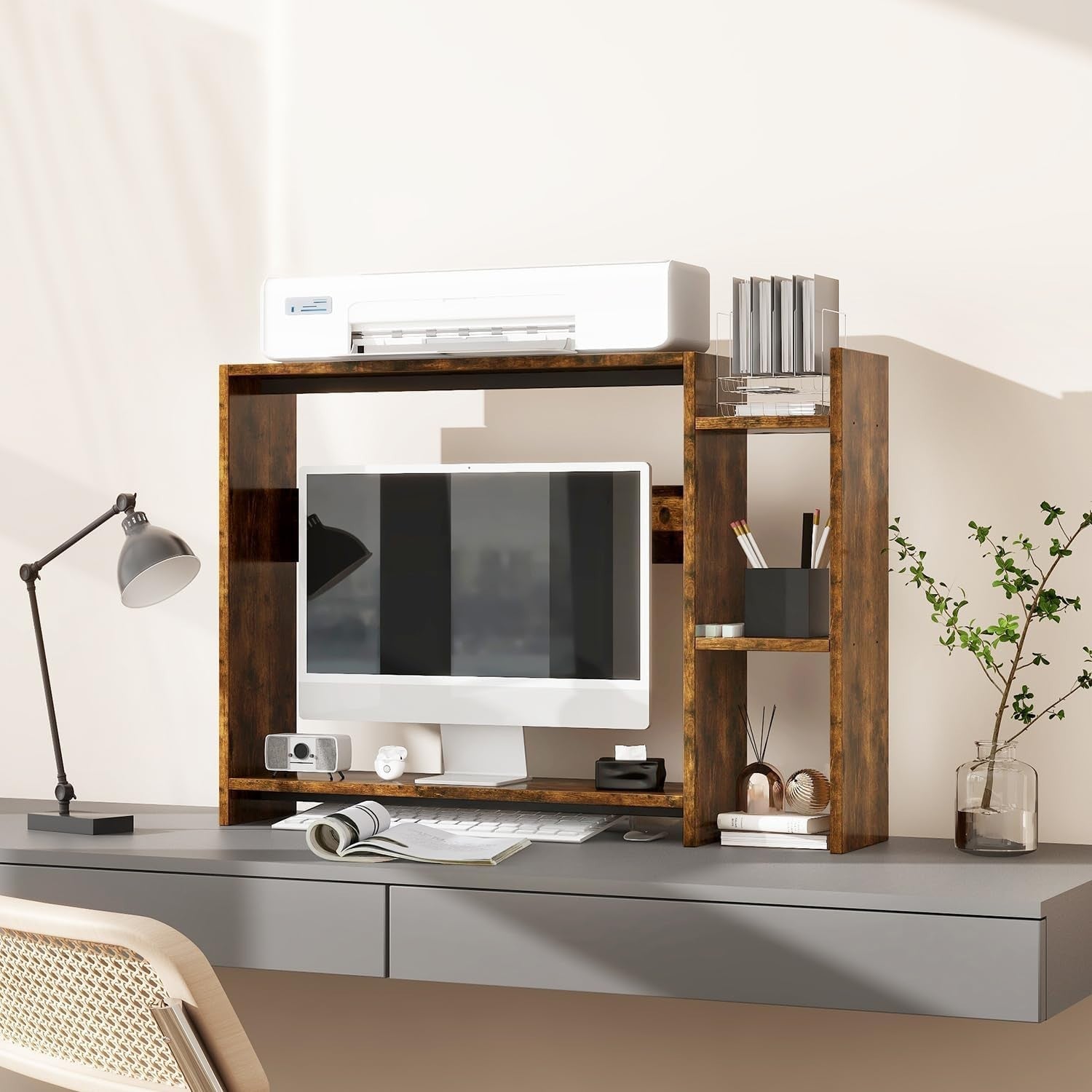 2-Tier Desktop Bookshelf 94cm Monitor Riser Desk Organizer Space-Saving Brown