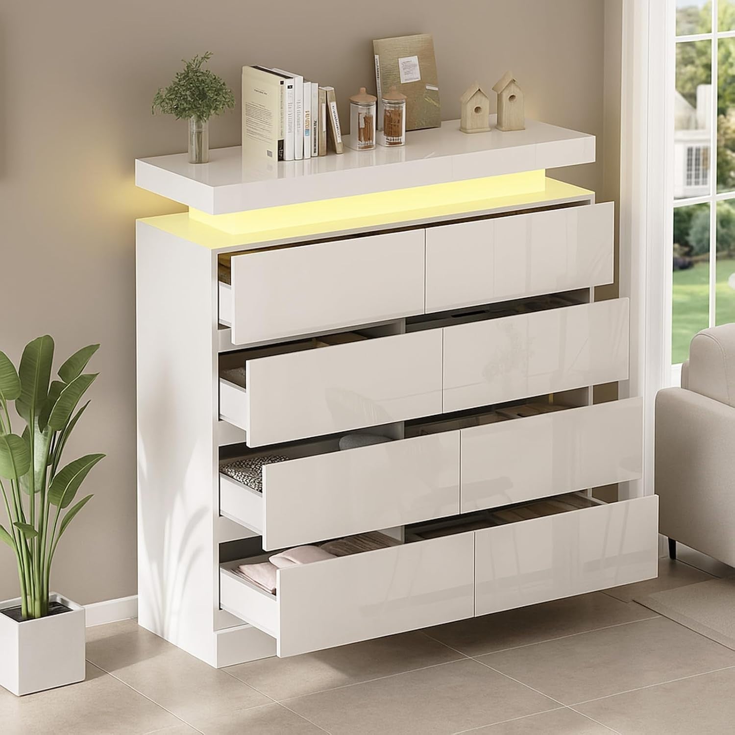 White High Gloss 8 Drawer Chest LED Light Modern Storage Cabinet