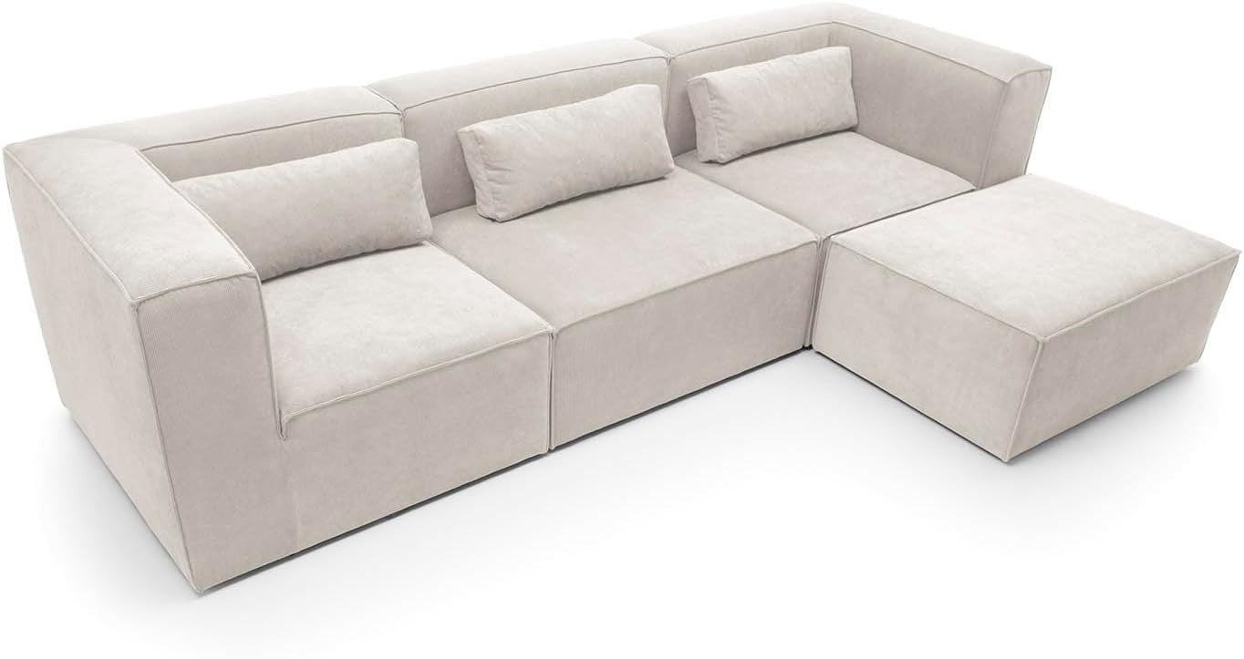 White Corner Sofa L Shape | Modular 4 Seater Chenille Sectional | Soft & Modern