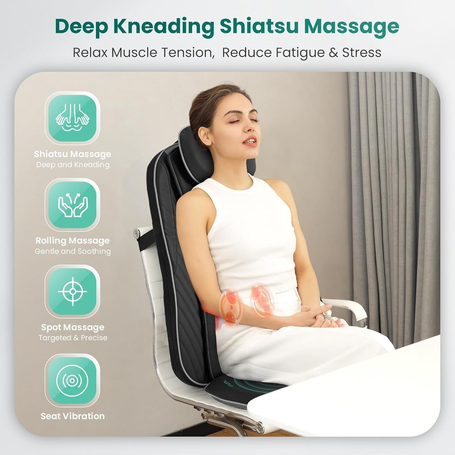 Shiatsu Back Massager with Heat Deep Kneading Chair Pad Full Back & Neck Relief