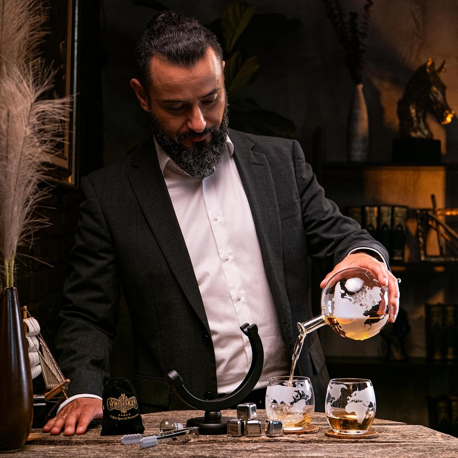 900ml Globe Whiskey Decanter Set with Glasses Stones Tongs Luxury Gift Men